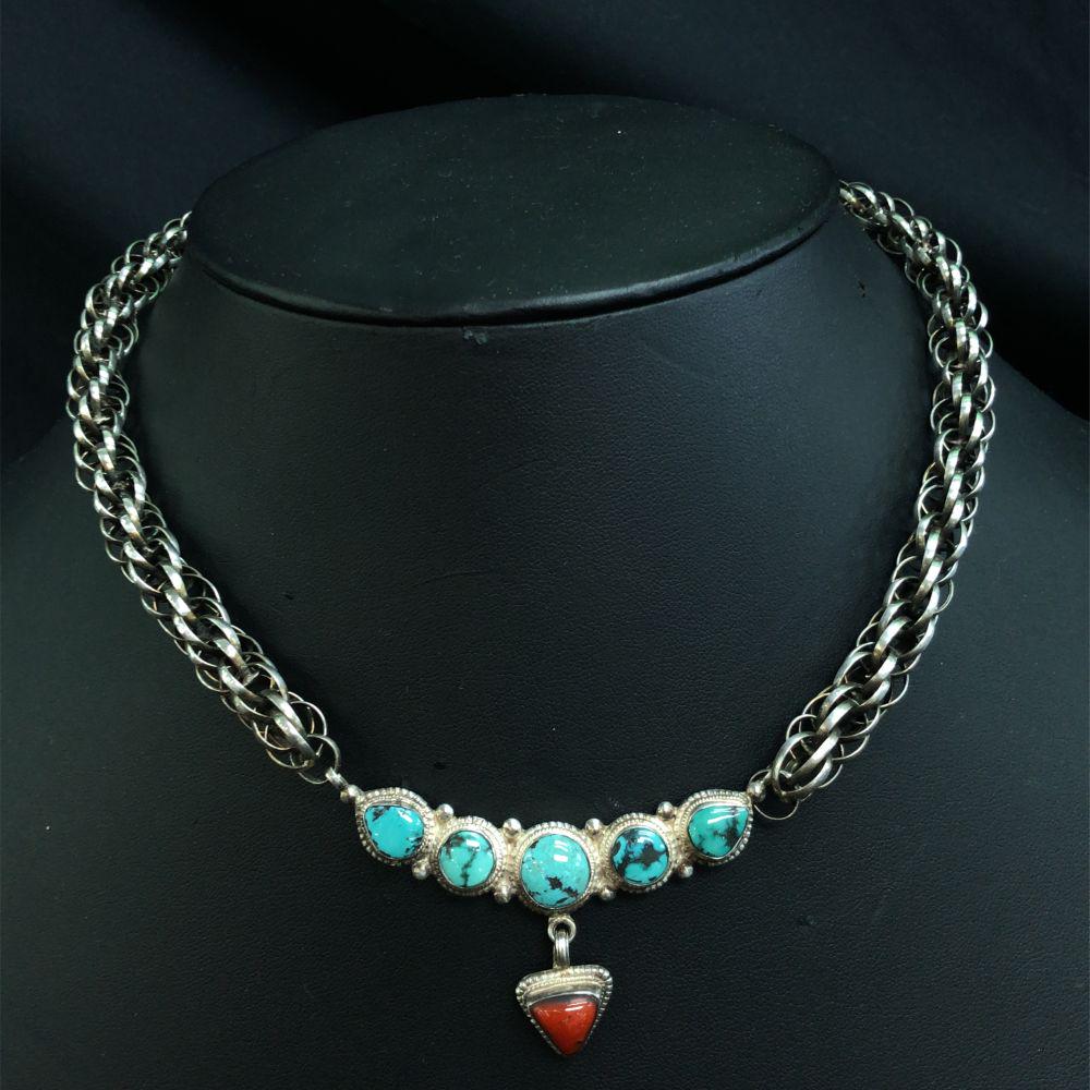 Navajo Vintage Turquoise and Coral Necklace (1 of 7)
