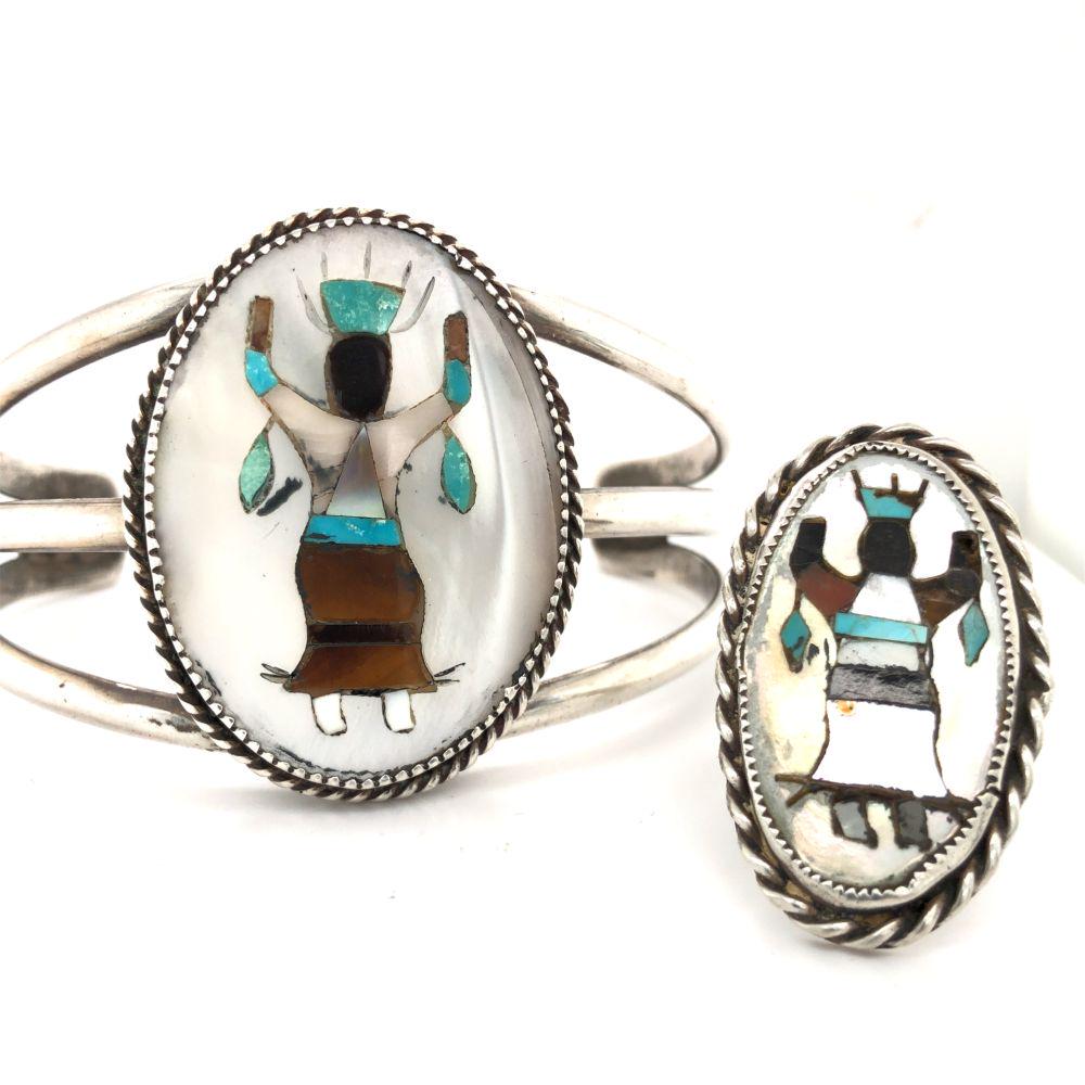 Hopi Vintage Inlay Turquoise Cuff & Ring Set (1 of 4)