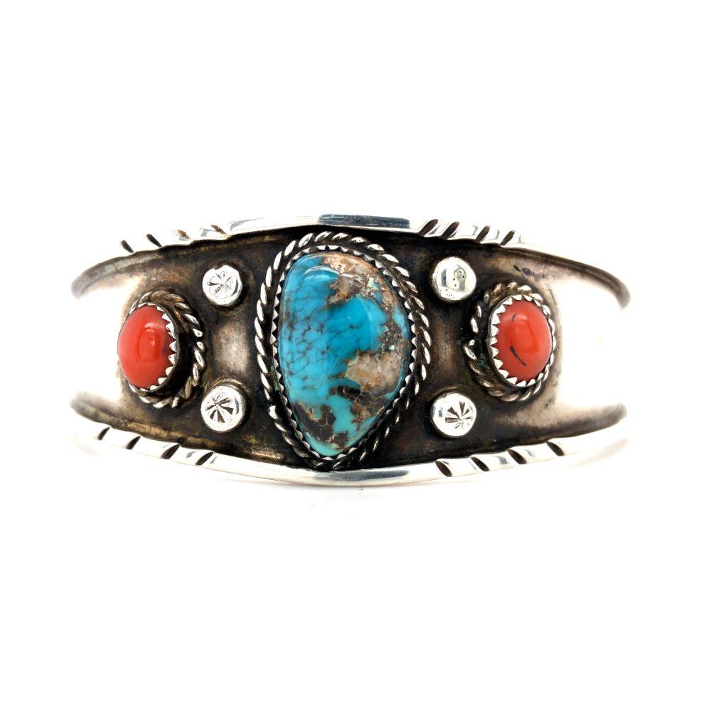 Navajo Rare Spider Turquoise & Coral Vintage Cuff (1 of 7)