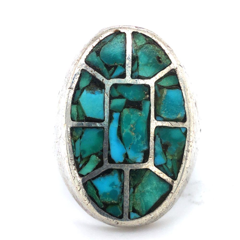 Vintage Navajo Sand Cast Turquoise Inlay Ring (1 of 3)