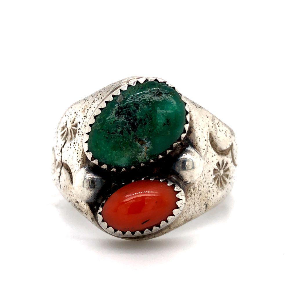 Navajo Vintage 1960 Coral & Malachite Ring (1 of 5)