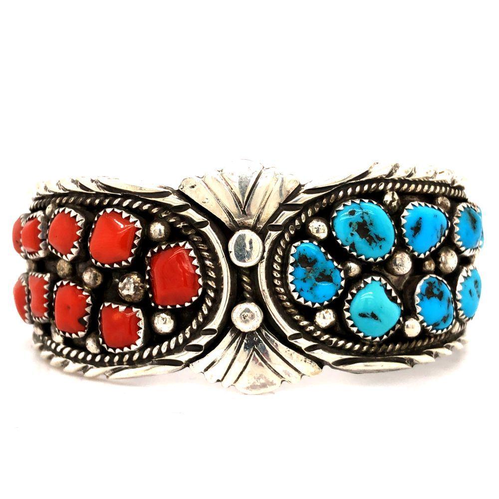 Navajo Vintage Turquoise & Coral Large SS Cuff (1 of 8)