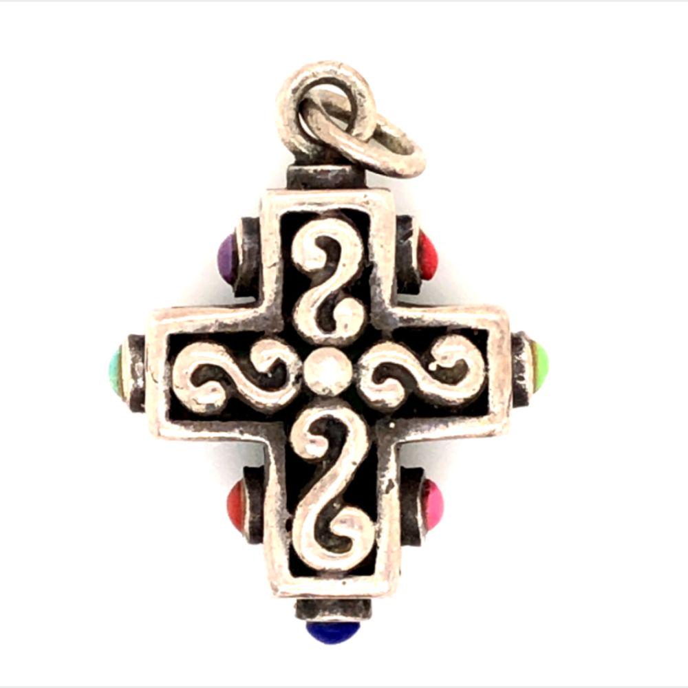 Mexico 925 Gaspeite Lapis, Coral & Turquoise Cross: Beautiful Vintage Mexico 925 Gaspeite Lapis, red Coral, Pink coral Sugilite & Turquoise sterling silver Cross L 3/4 " x W 5/8 " reversible