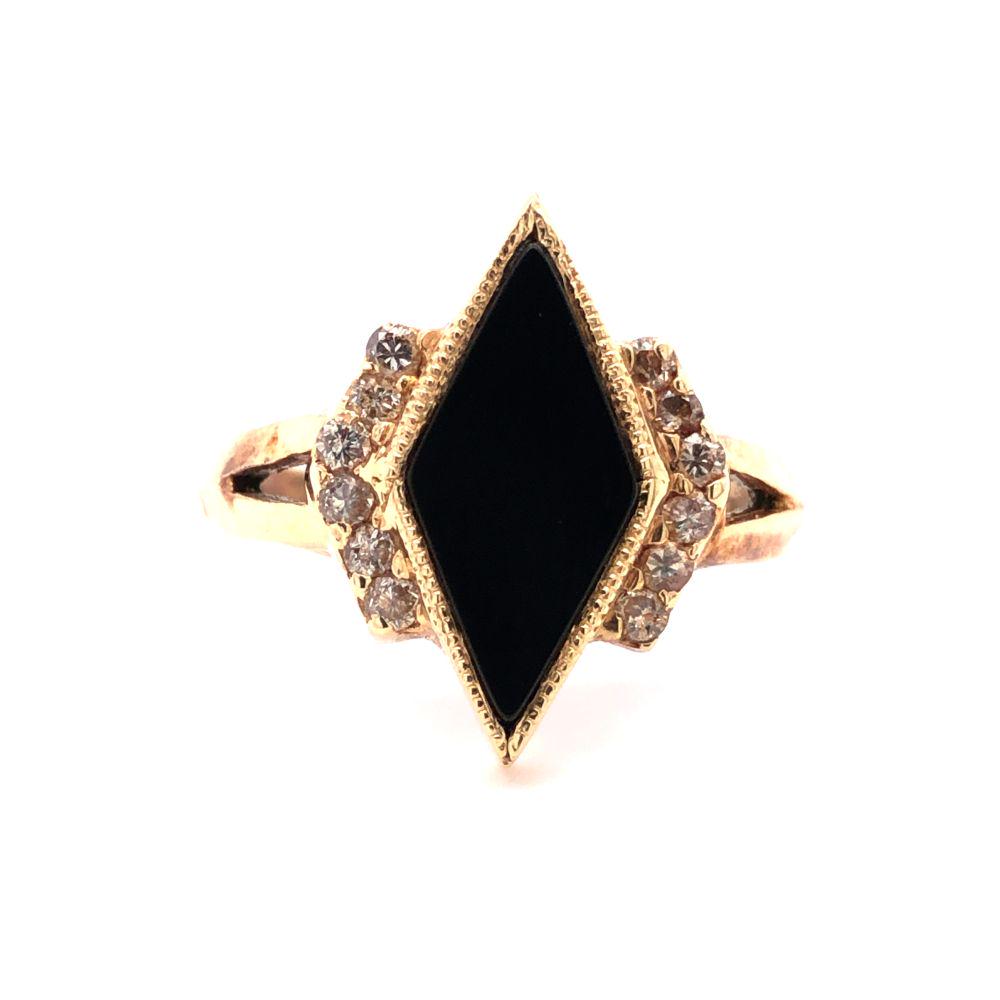 Art Deco Onyx and Diamond Ring: This is a stamped and electronically tested 14 karat yellow gold genuine black onyx and natural diamond ring. The Art-Deco, rhombus-shaped black onyx sits smoothly with the ring with approximate
