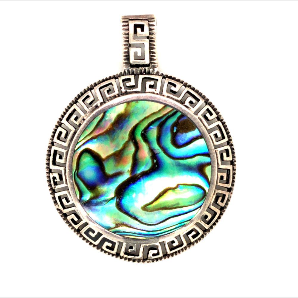 Beautiful 925 Abalone Vintage Pendant: Beautiful 925 Silver Aztec design Abalone Vintage Pendant 1 5/8 " round bail 1/4 "