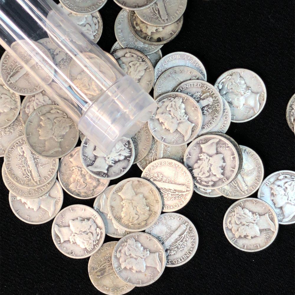 Roll of 90% Silver Mercury Dimes: A roll of 50 90% Silver Mercury Dimes, All nice full dates, mostly dated during the WW2 era. A fun way to collect some silver coins. Any condition statement given, as a courtesy to a client, is only
