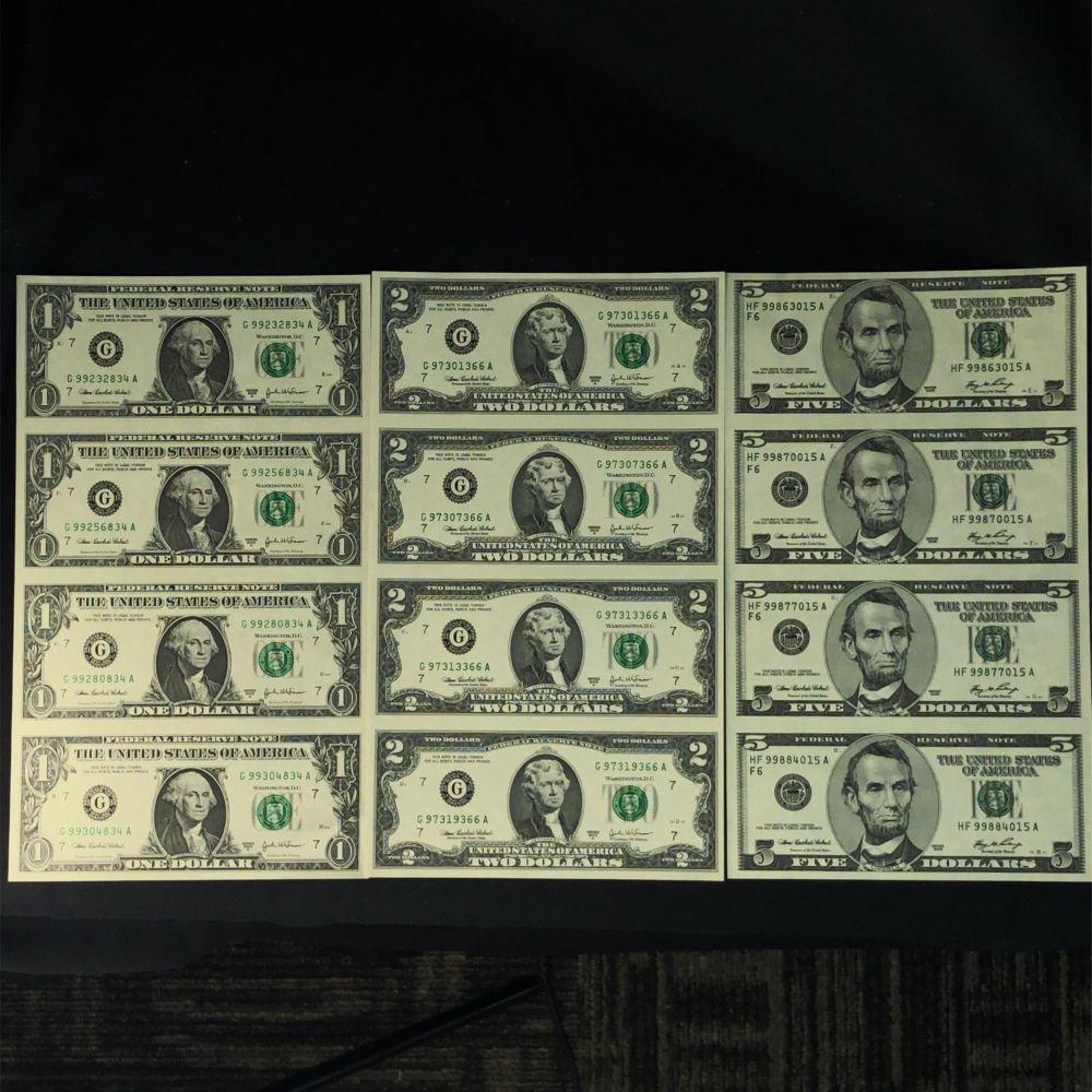 Two (3CT) Uncut Sheets of Four Notes $1,$2 and $5 Dollars UNC (1 of 2)