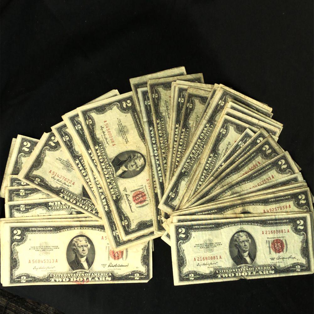 Fifty (50CT) US Red Seal $2.00 notes VG-VF (1 of 2)