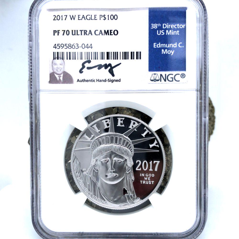 2017 W Platinum $100 1 Ounce US Eagle NGC PF70 UC Moy Signed: A 2017 W Platinum $100 1 Ounce US Eagle NGC PF70 Ultra Cameo Director Edmund C Moy Signed. The Moy signed issues are approved for being the best of the best. A superb issue.