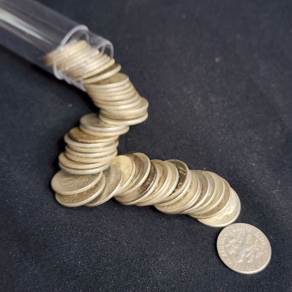 50 ct. Roll of Silver Roosevelt Dimes: This roll of dimes contains (50) 90% silver Roosevelt dimes. The Roosevelt dime was released into circulation on January 30, of 1946. This would have been President Roosevelt's 64th birthday. 