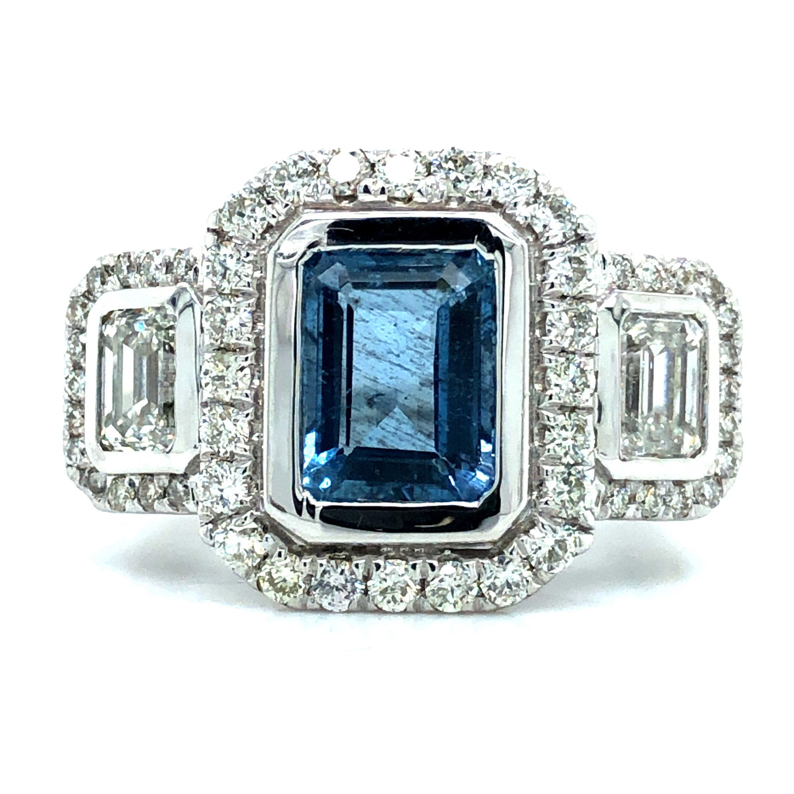 Aquamarine and Diamond Halo Trinity Ring (1 of 9)