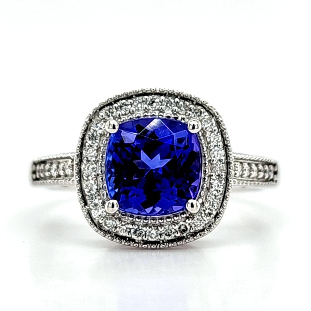 Tanzanite Ring and Diamond Halo Ring, Cushion-Cut (1 of 8)