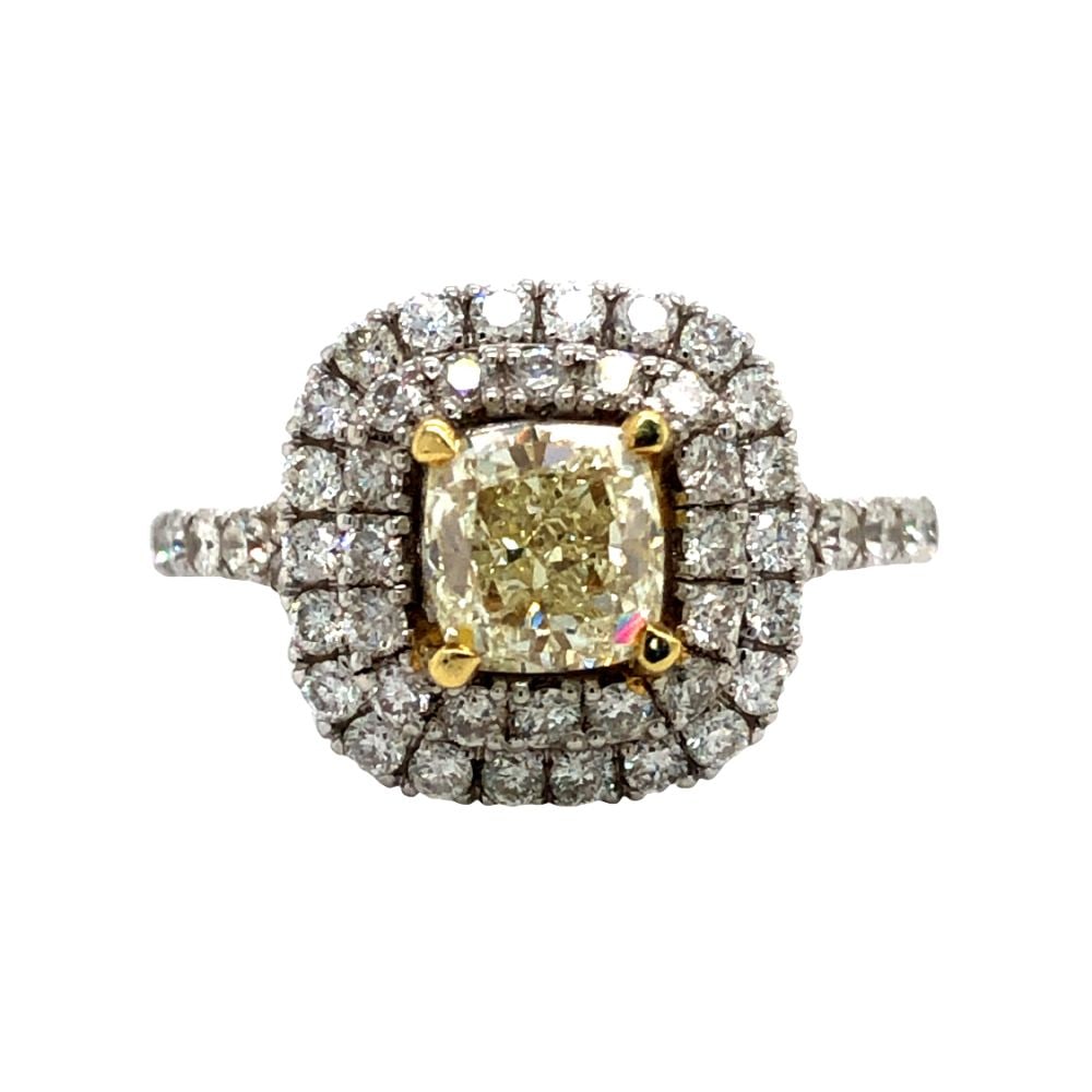 Cushion-Cut Yellow and Colorless Diamond Halo Ring: TITLE DESCRIPTION: Cushion-Cut Yellow and Colorless Diamond Halo Ring DESCRIPTION DETAIL: Earth-Mined Yellow Diamond and Earth-Mined Colorless Diamond Ring OVERALL CONDI