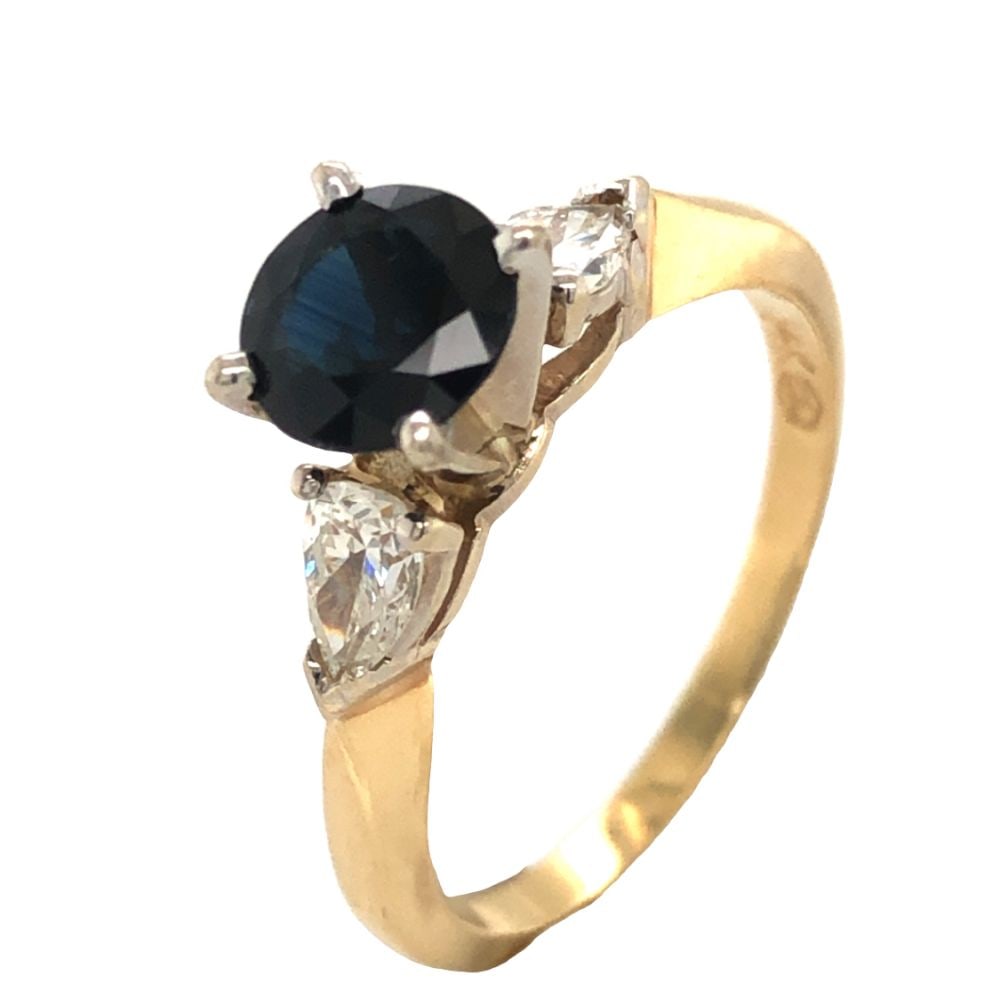 Blue Sapphire Solitaire w/ Pear-Cut Side Diamonds (1 of 7)
