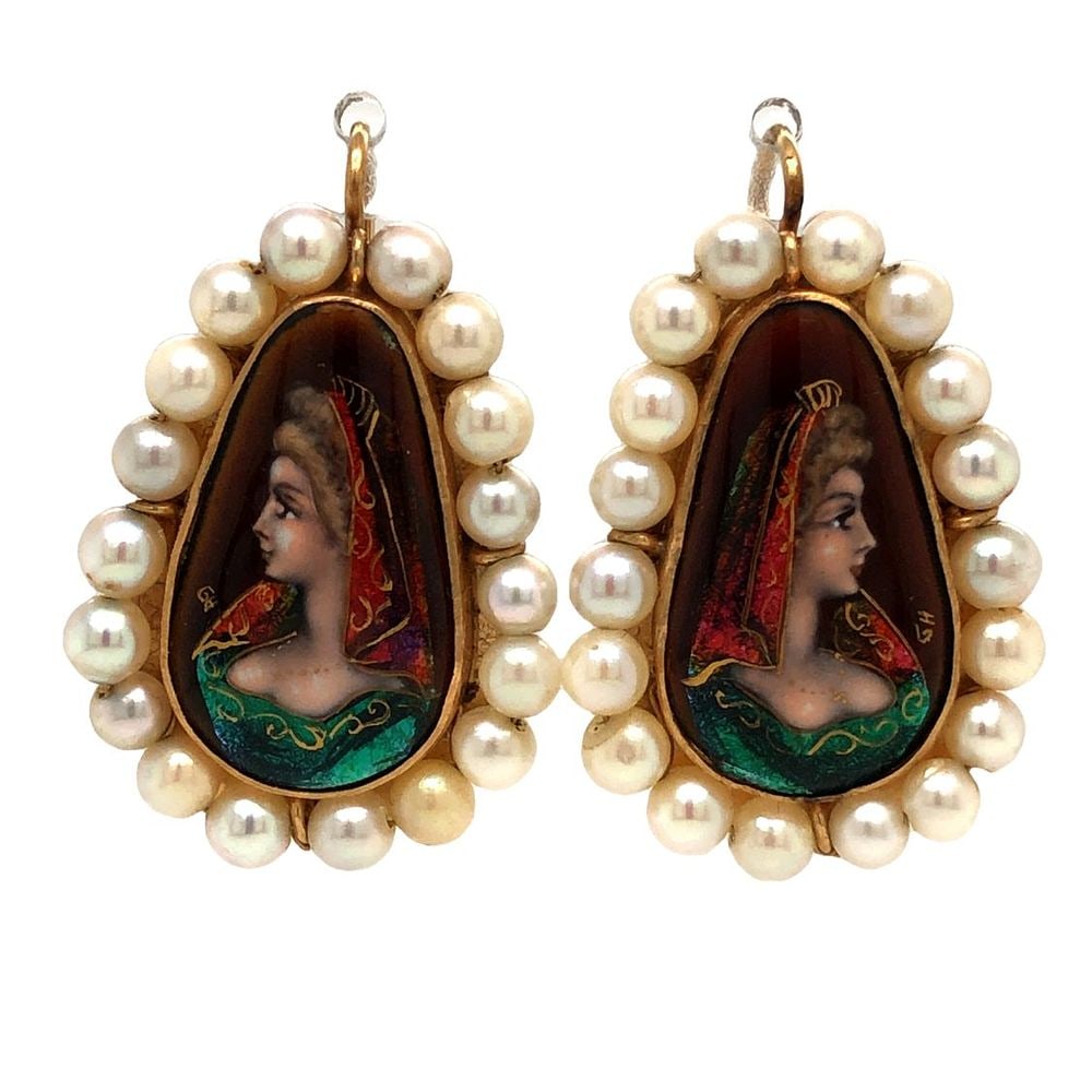 Fine French Limoges Hand Enameled Earrings: TITLE DESCRIPTION: Very Fine French Limoges Hand Enameled Portrait Earrings DESCRIPTION DETAIL: A lovely pair of French Limoges enamel "Email d'Art" portrait earrings accented by a halo of d