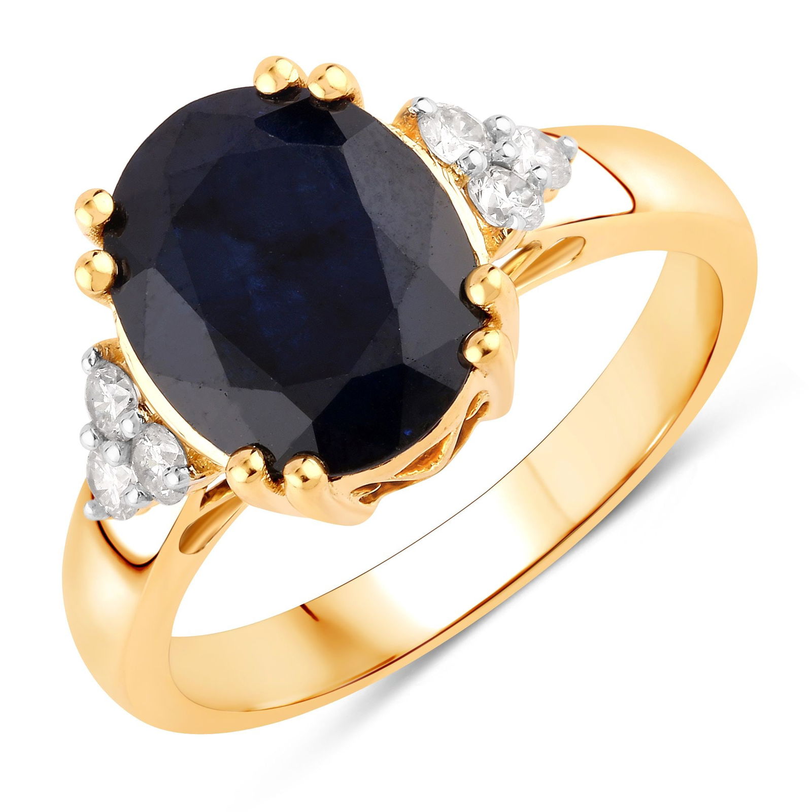Blue Sapphire and Diamond Ring: QJ8423/5-MNEA This sophisticated ring showcases a deep blue oval-cut sapphire as its centerpiece, beautifully complemented by sparkling diamond accents on each side. Crafted in radiant 14K yellow gol