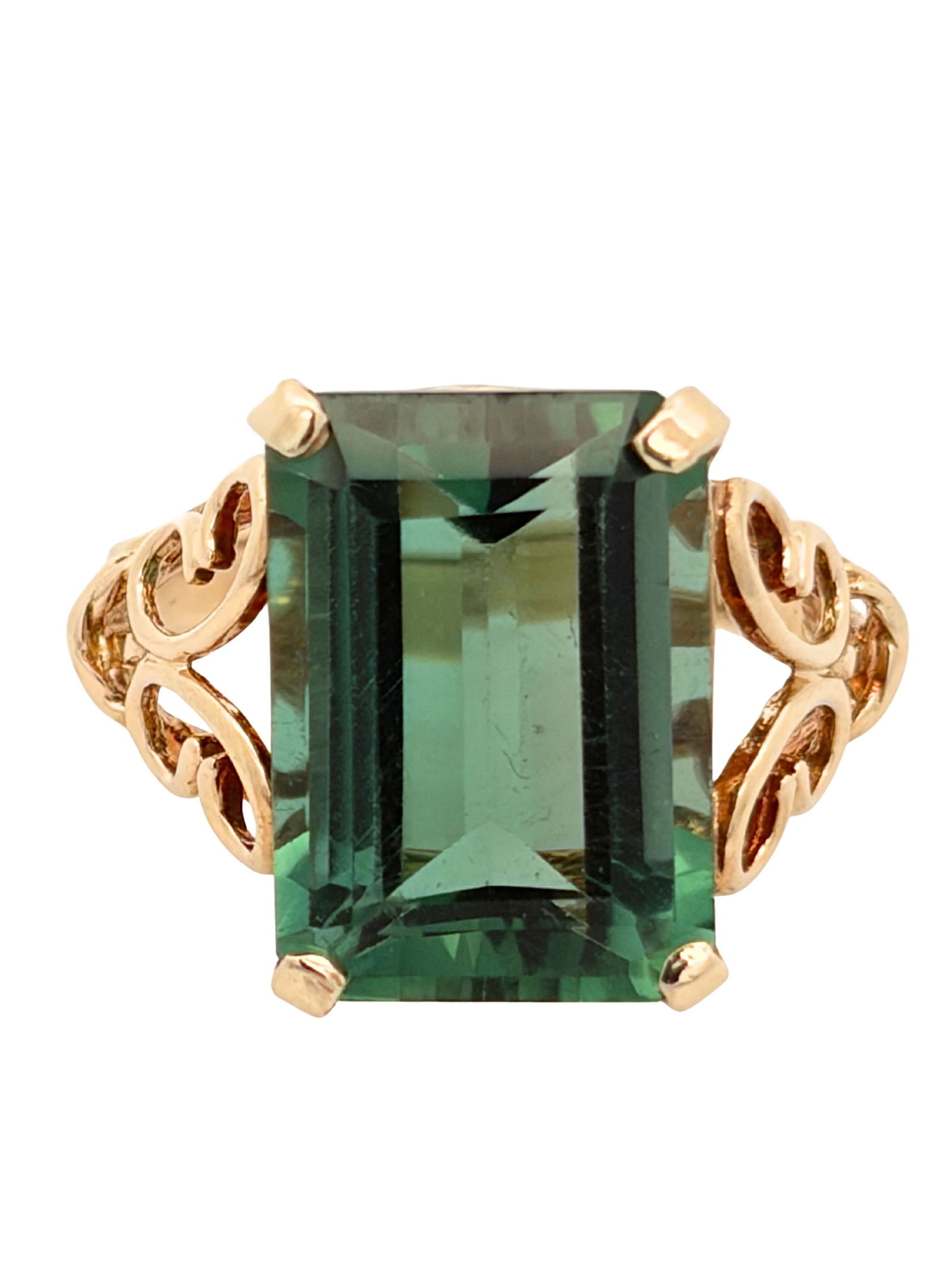 Ladies Green Tourmaline Filigree Design Ring: S/3.53-YSS Exceptional Vintage Green Tourmaline! Over 8 carats of natural, eye-clean brilliance set in highly polished 10K yellow gold. The unique butterfly filigree design gives this statement piece