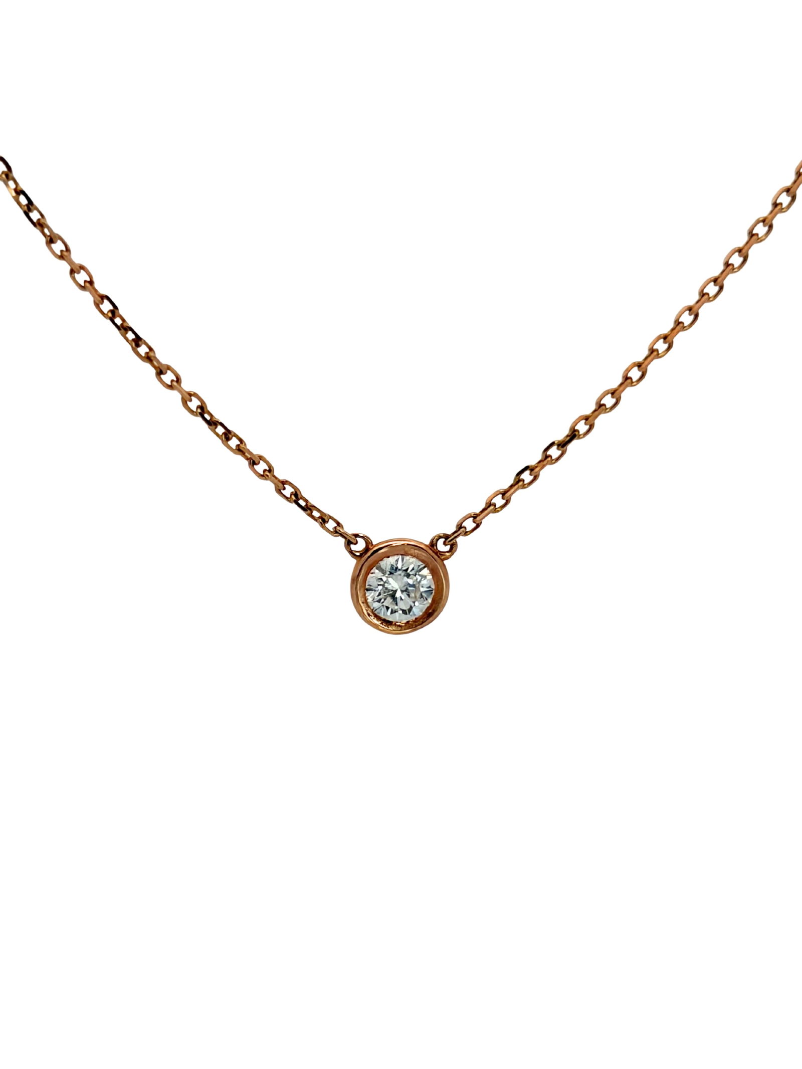 14K Rose Gold Diamond Necklace: ISL2293/67-TOY This beautiful and classic necklace is crafted in fashionable 14-karat rose gold, featuring a single, brilliant-cut diamond securely set within a smooth, contemporary bezel. The diamon