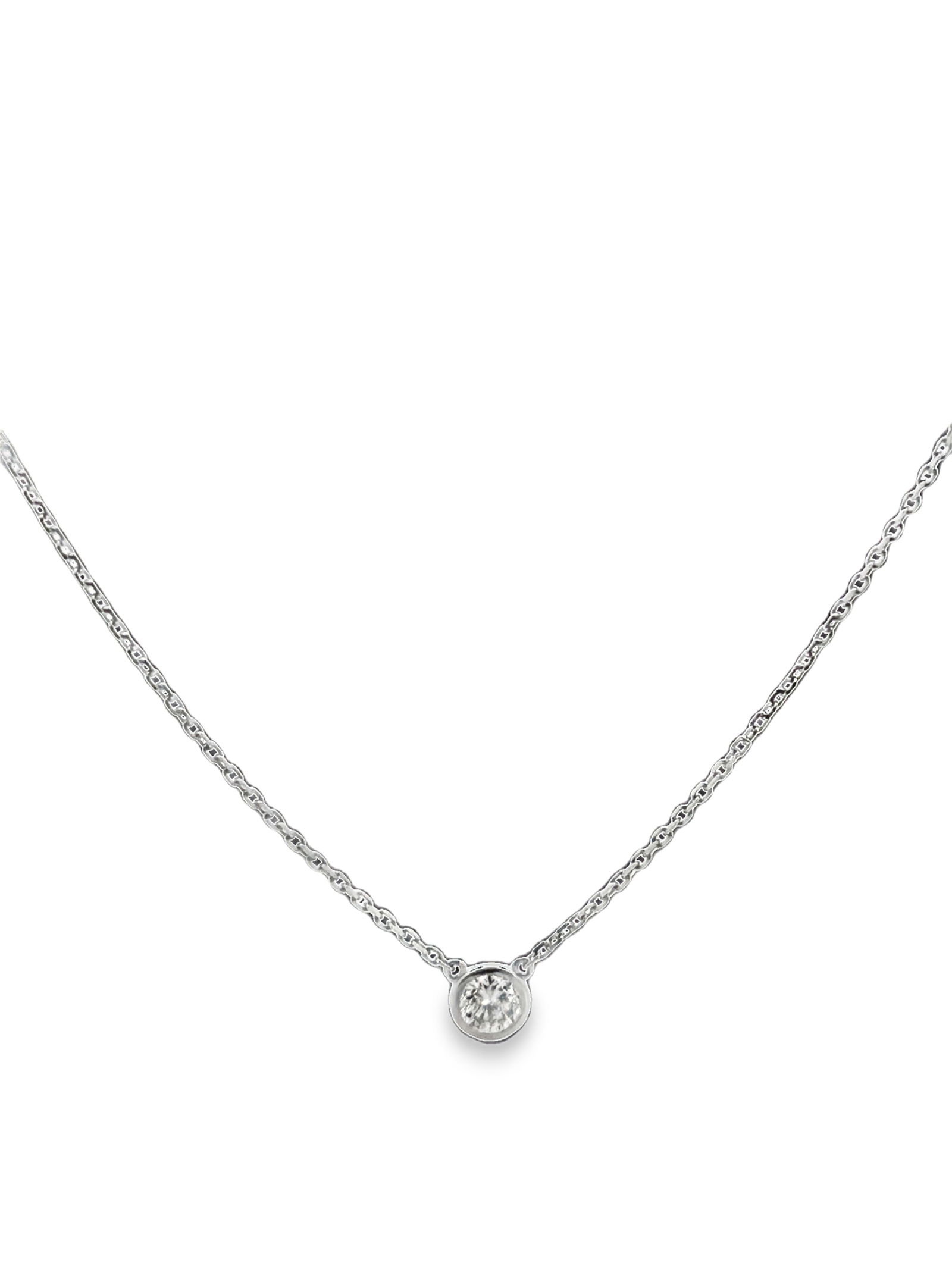 14K Diamond Necklace: ISL2293/5-AYS This minimalist and elegant necklace features a single, brilliant round-cut diamond delicately suspended from a fine cable chain, all crafted in polished 14-karat white gold. The