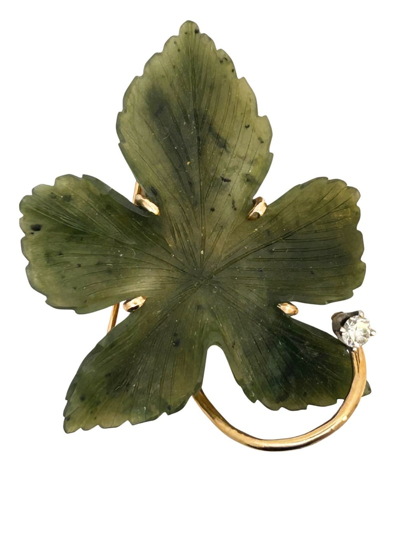 Carved Jade & Diamond Leaf Brooch (1 of 3)