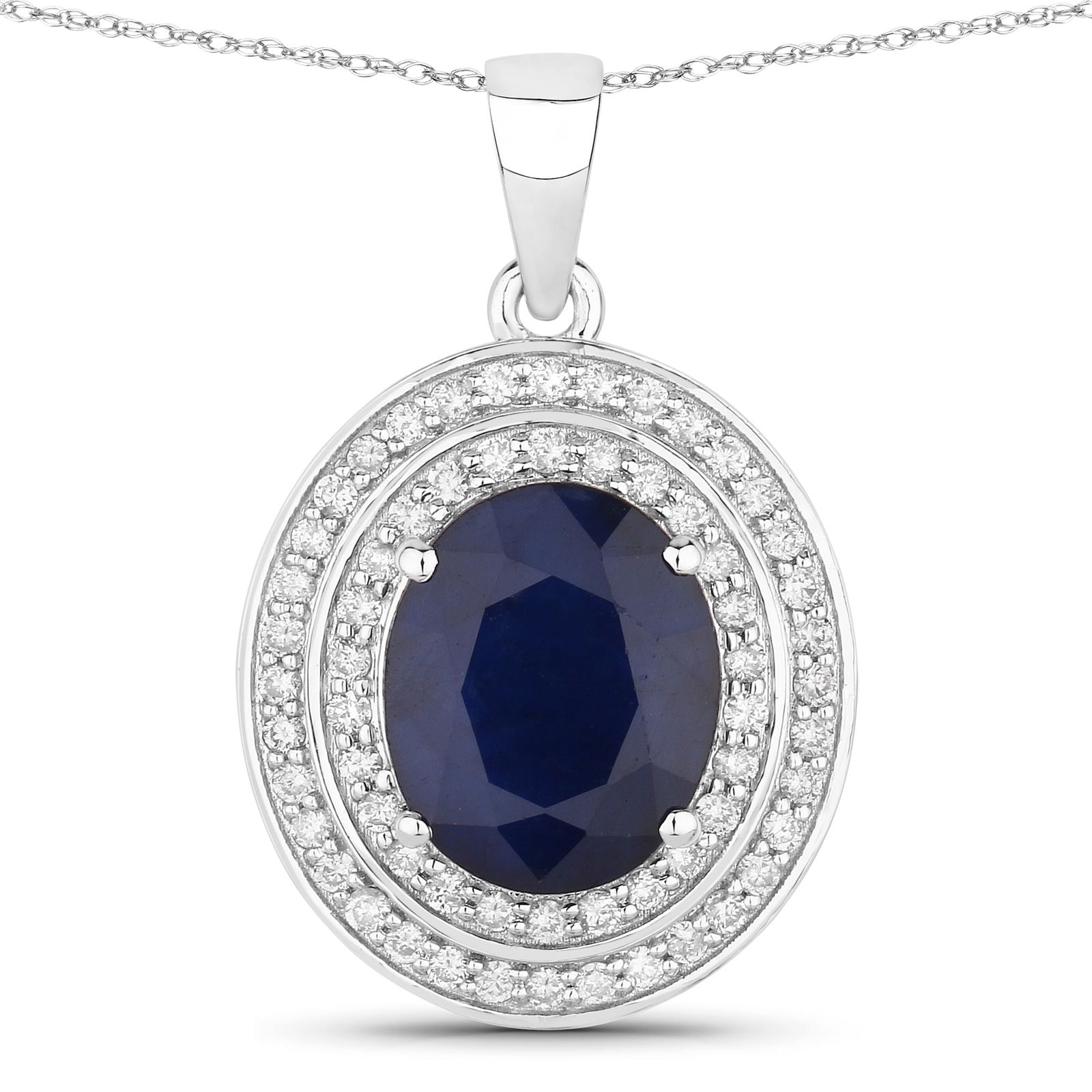 Blue Sapphire Double Halo Diamond Pendant: QJ8423/75-MESO This pendant showcases timeless elegance with its deep blue oval sapphire framed by a dazzling double halo of brilliant white diamonds. Set entirely in luminous 14K white gold, the ric