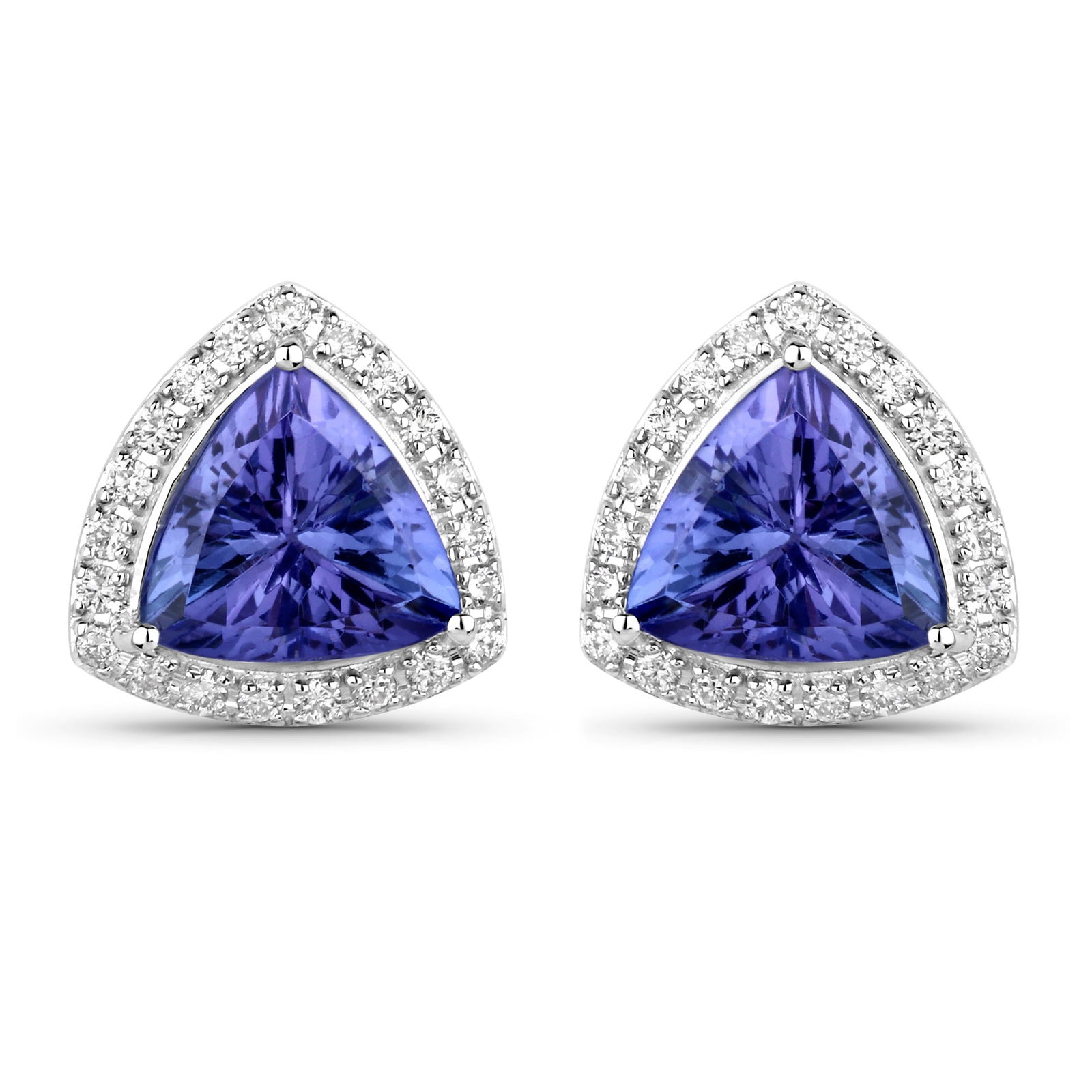 Trillion-cut Tanzanite and Diamond Earrings: QJ8423/117-MMLT These exquisite tanzanite and diamond earrings capture a perfect balance of modern design and timeless sophistication. Each earring features a trillion-cut tanzanite, radiating mesmer