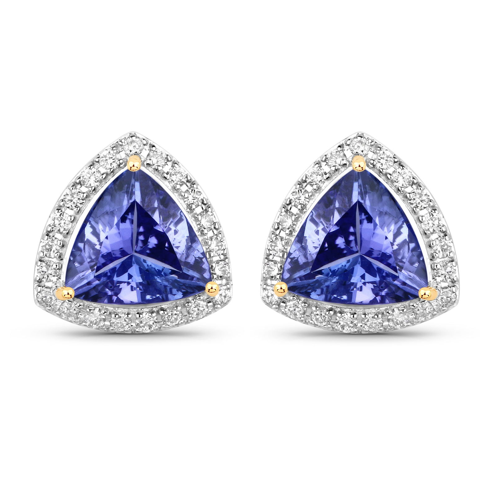 Tanzanite and Diamond Earrings: QJ8423/116-MSYT These stunning tanzanite and diamond halo earrings capture an exquisite balance of color, brilliance, and craftsmanship. Each earring showcases a trillion-cut natural tanzanite, radia