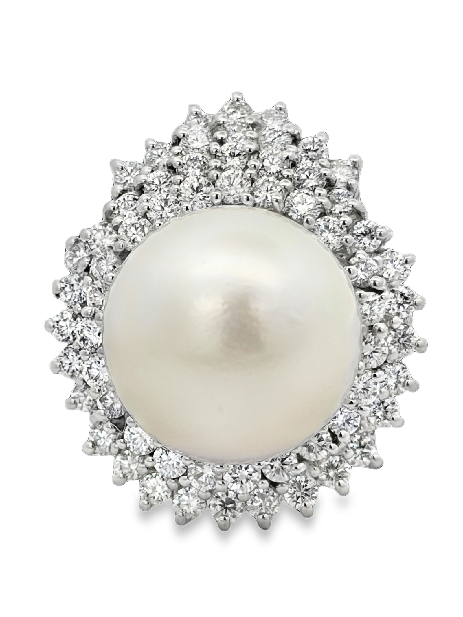 14K South Sea Pearl & Diamond Ring: E7605/10-CASS This exquisite 14k gold ring features a large, luminous South Sea pearl as its focal point, renowned for its thick nacre and soft, satiny luster. The pearl is elegantly flanked by a shi