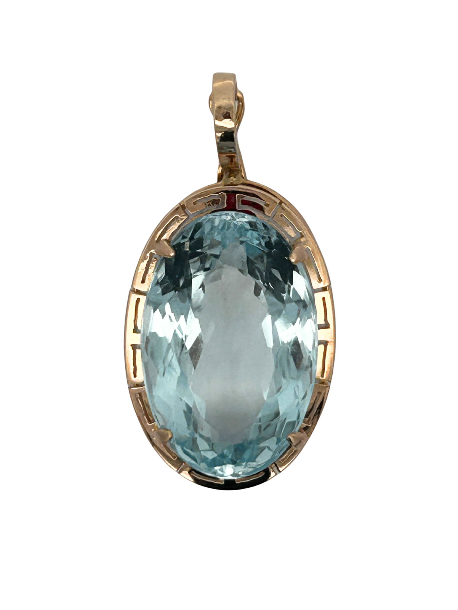 14K Greek Key Blue Topaz Enhancer Pendant: S/9.33-KSS This elegant 14K gold pendant features a central blue topaz, a gemstone known for its stunning, serene color. The setting is beautifully crafted with the classic Greek Key, motif, a