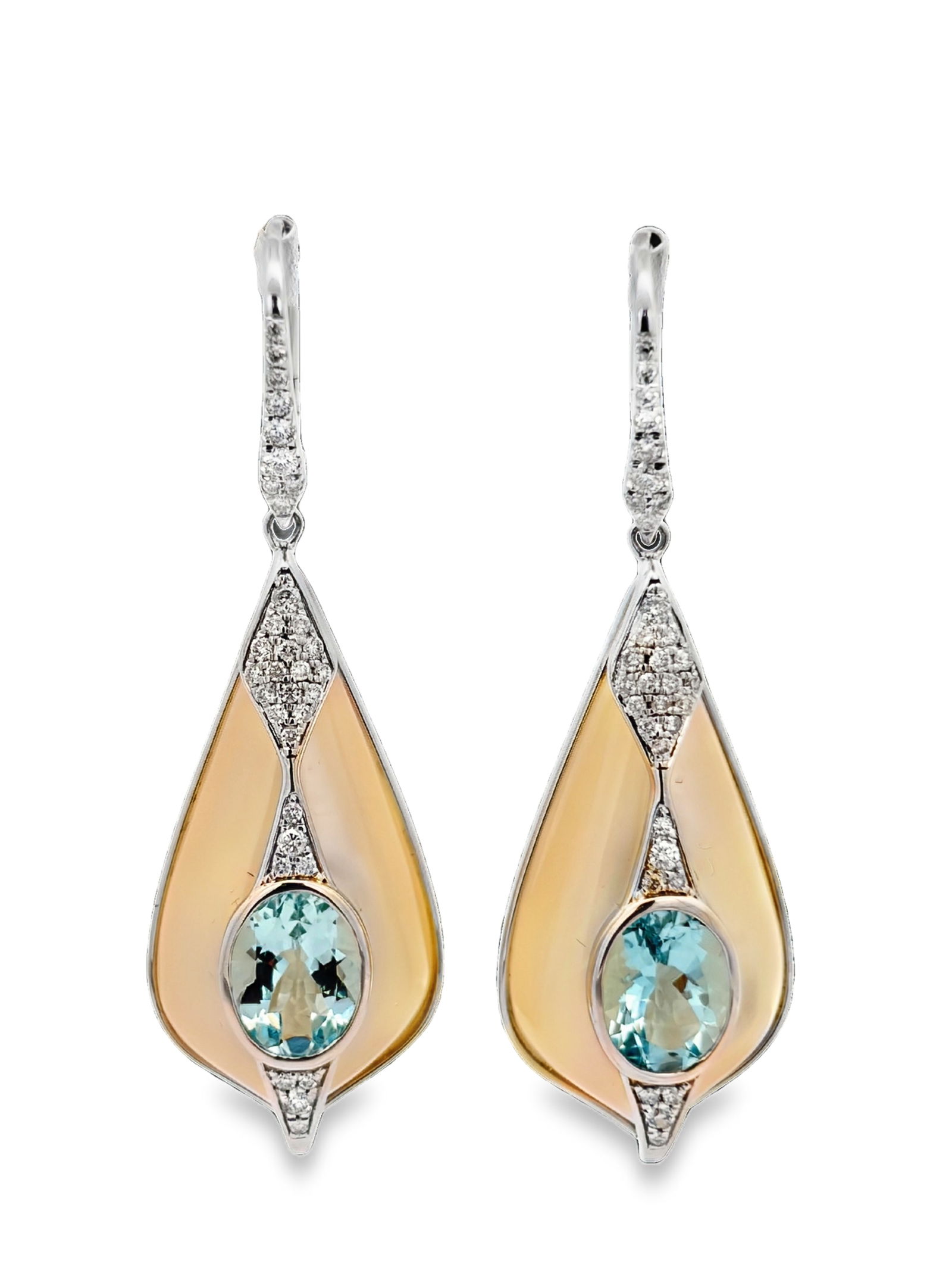 14K Aquamarine, Mother of Pearl & Diamond Earrings: CJI4693/16-METO Exquisitely crafted in 14K Gold, these earrings feature a captivating trio of natural materials: serene aquamarine, iridescent mother of pearl, and sparkling diamonds. The cool blue