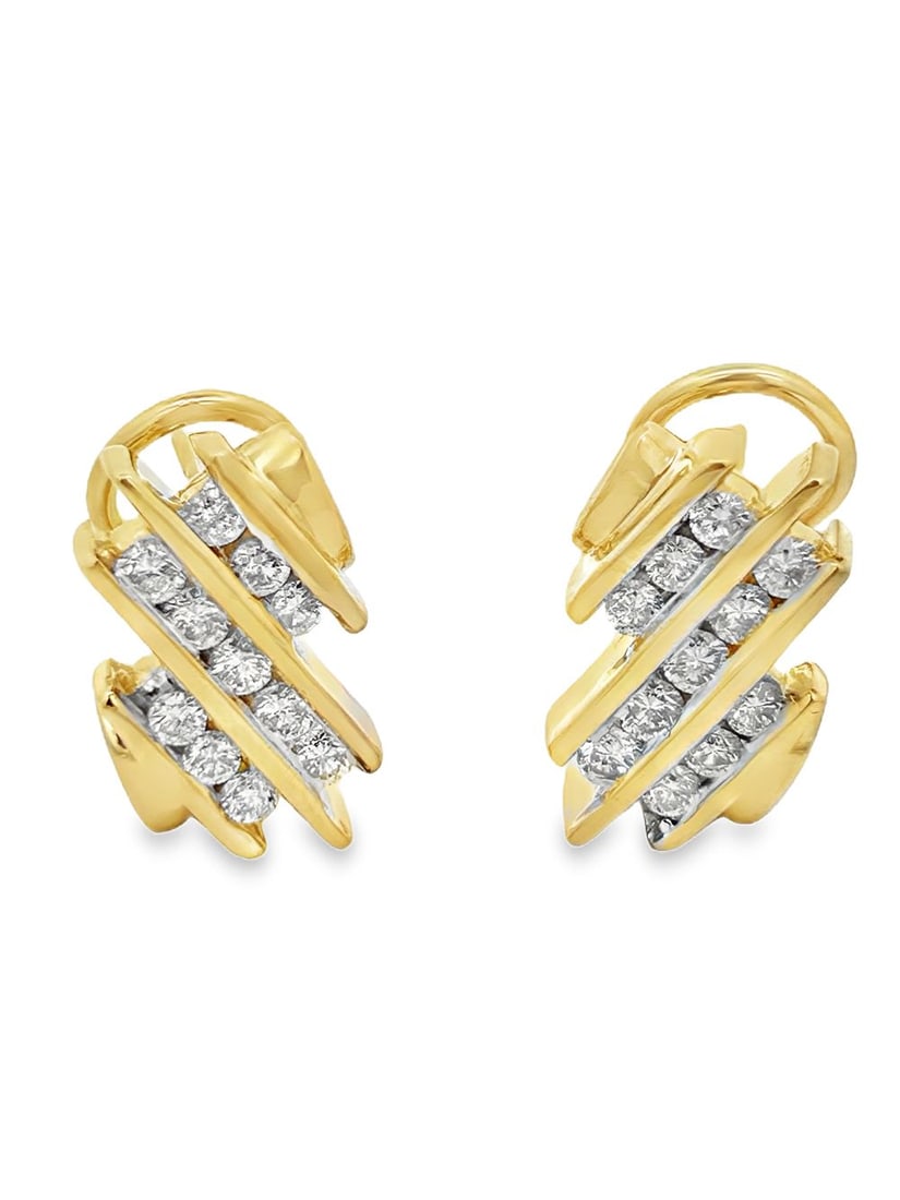 Channel Set Diamond Earrings: S/10-MOSS These striking earrings feature a modern and elegant design, meticulously crafted from radiant 14 karat yellow gold. Each earring showcases a captivating