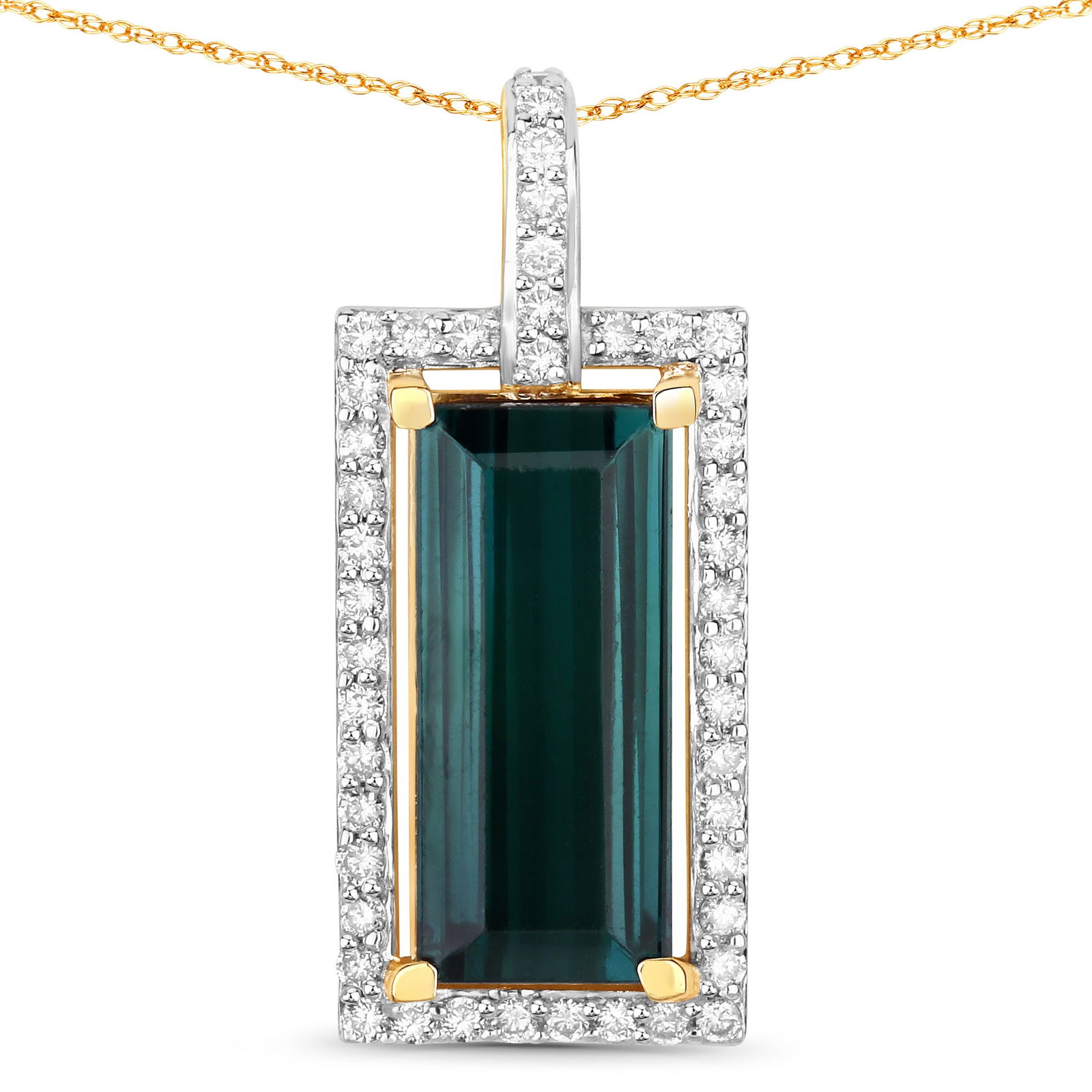 3.99 CT Green Tourmaline and Diamond Pendant: QJ8423/100-MTNE This stunning green tourmaline pendant embodies sleek sophistication and contemporary luxury. The focal point is a vivid emerald-cut green tourmaline, displaying a deep forest-green h