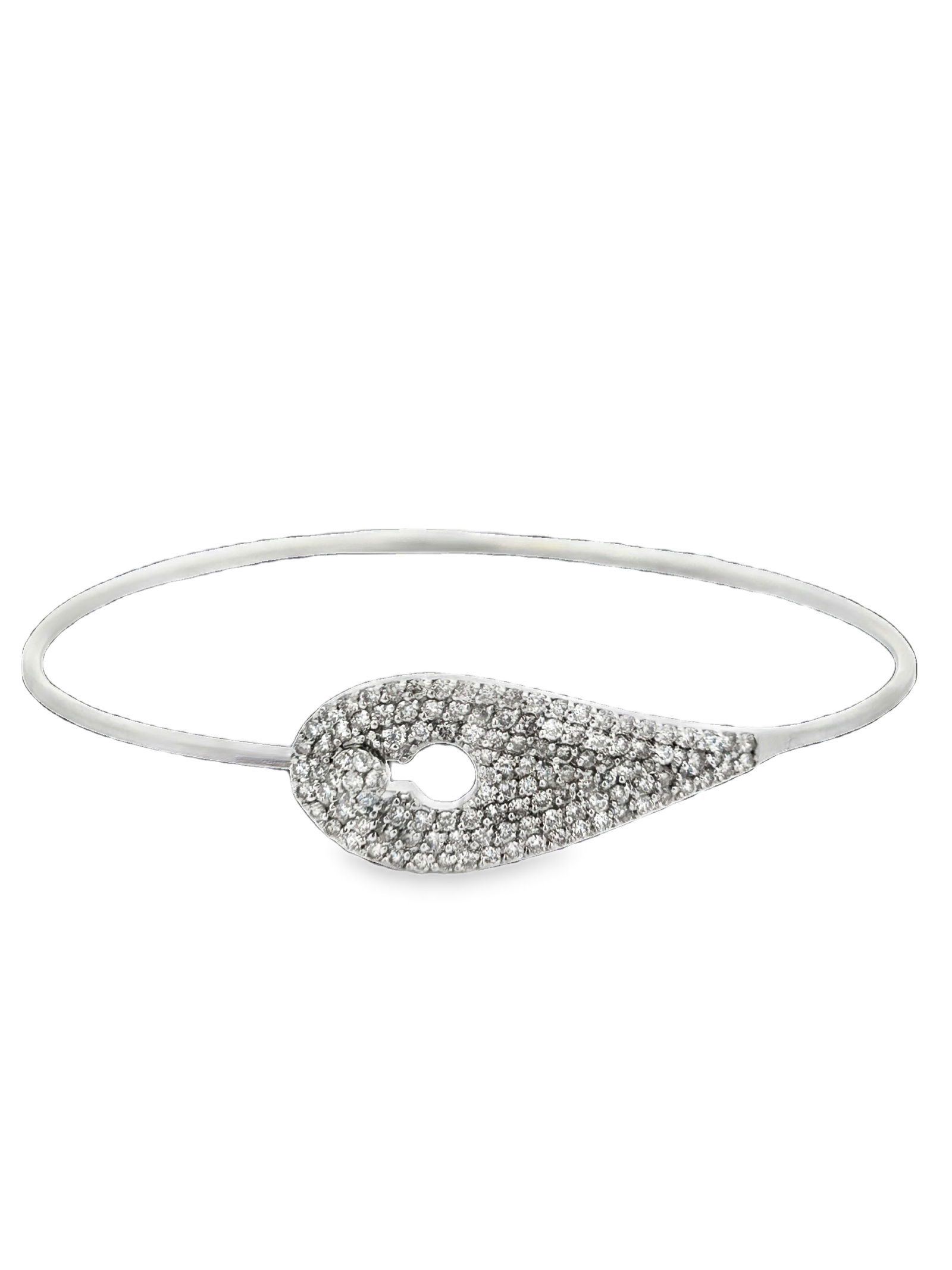 18K Diamond Hook & Eye Bracelet: ISL2293/1-MMYS This sophisticated bangle-style bracelet is crafted in sleek 18-karat white gold and features a contemporary design that tapers elegantly into a sparkling tear-drop or leaf motif at th