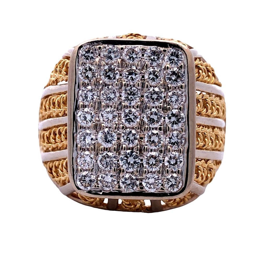 18K Filigree-style Diamond Ring: S/10.4-MYSS This elegant and ornate ring features a striking rectangular face completely encrusted with a mosaic of pavé-set round-cut diamonds. The diamonds are a brillian