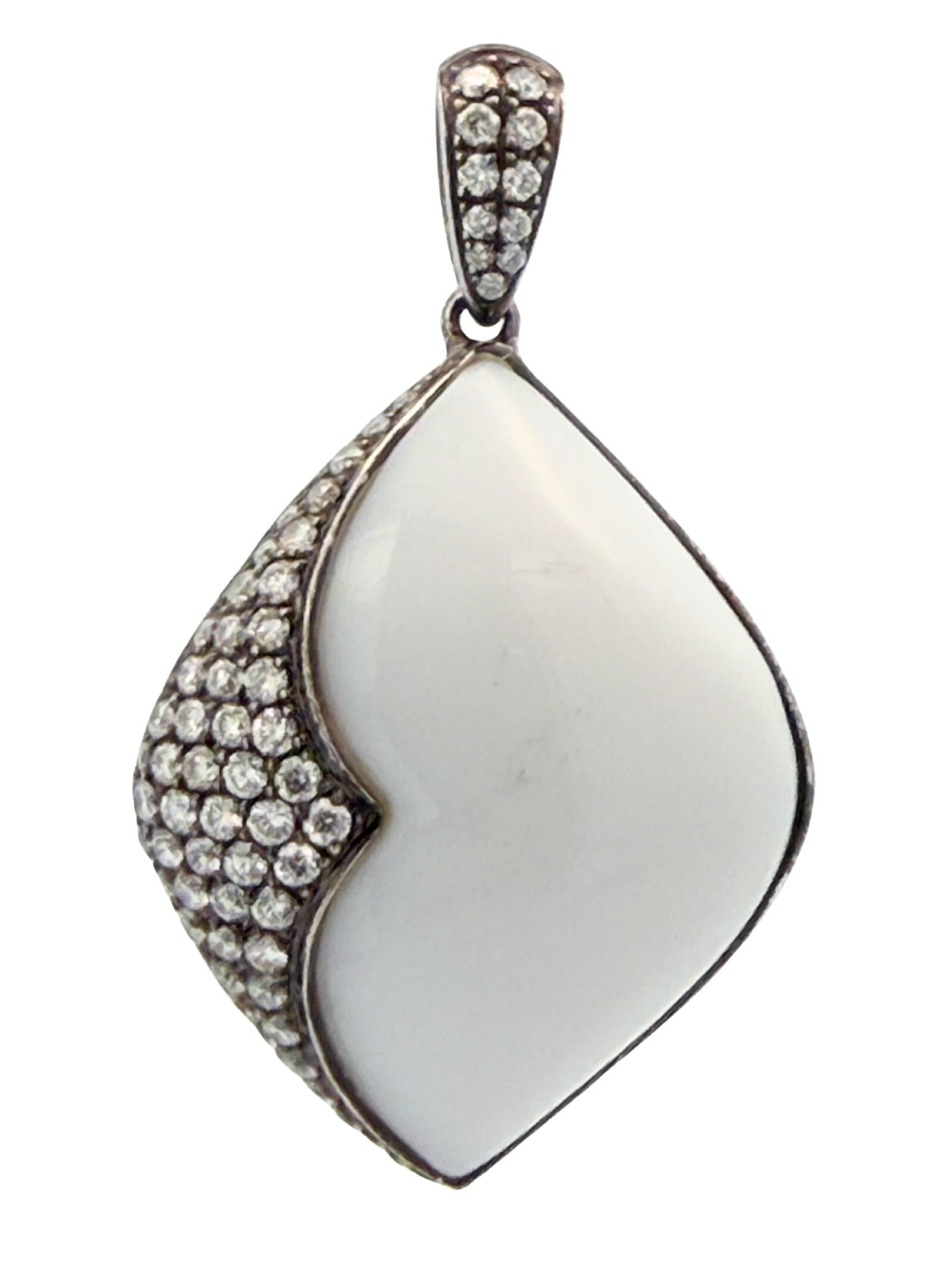 White Enamel and Diamond Pendant: ISL2293/40-LMS This striking white agate and diamond accent pendant is a stunning fusion of contemporary artistry and timeless elegance. The pendant showcases a smooth, sculptural white agate gemston