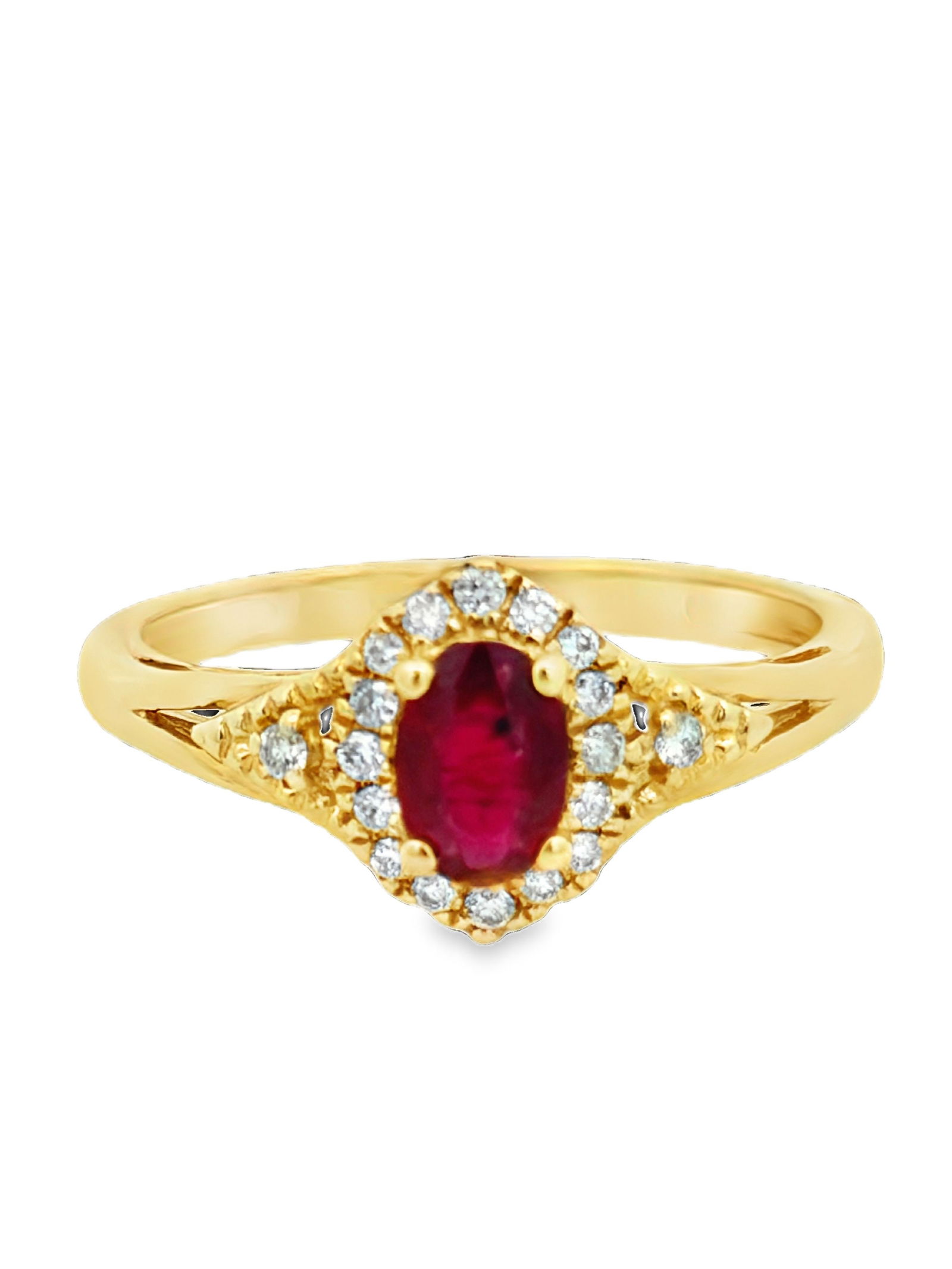 Ladies Oval Ruby & Diamond Ring: S/2.15-ESS Rich Color, Brilliant Shine! This elegant ring features a strongly colored 0.44-carat natural oval Ruby. Set in high-polished 10K yellow gold , the center stone is beautifully