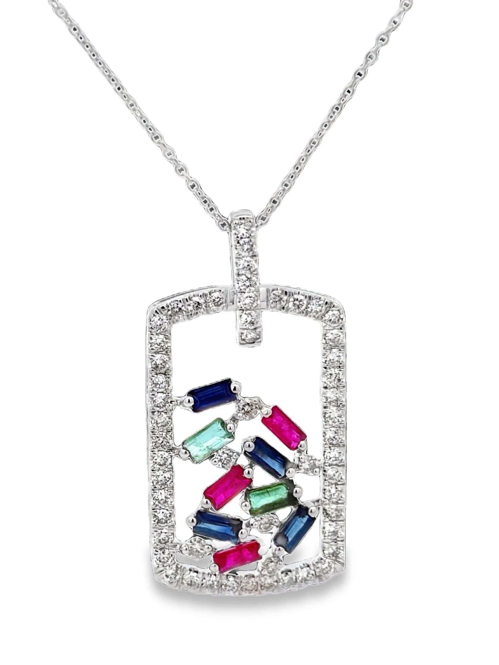 Multicolor Gemstone & Diamond Pendant on Chain: GS6259/25-TYS A vibrant celebration of light and color, this 14K gold pendant features a spectacular 1.5-carat total weight of mixed gemstones and diamonds. This piece brings together a curated