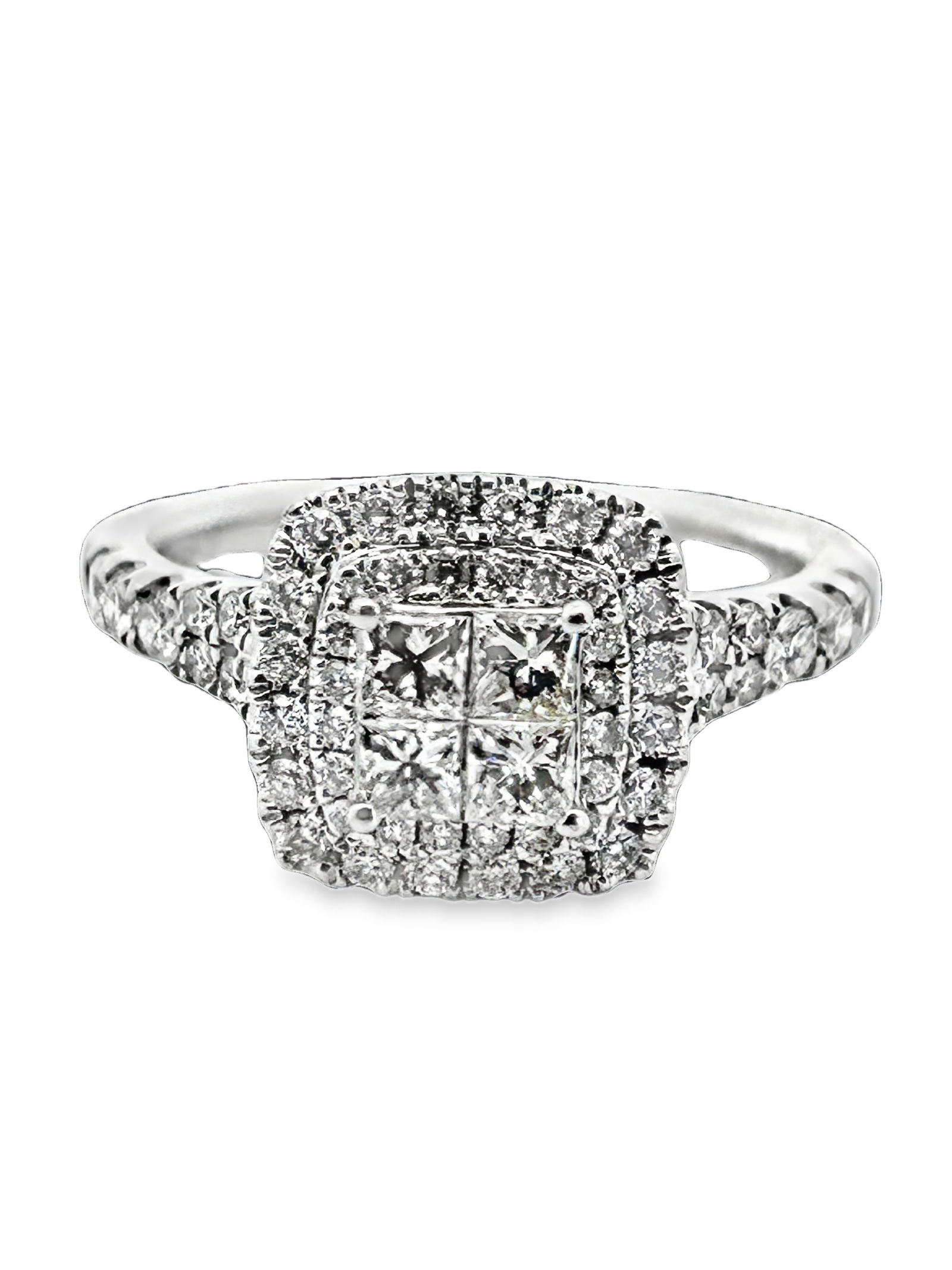 14K Diamond Ring: ISL2293/14-TKS This dazzling ring, expertly crafted in luminous 14K white gold, features a spectacular tiered setting that maximizes brilliance and visual impact. The bold centerpiece