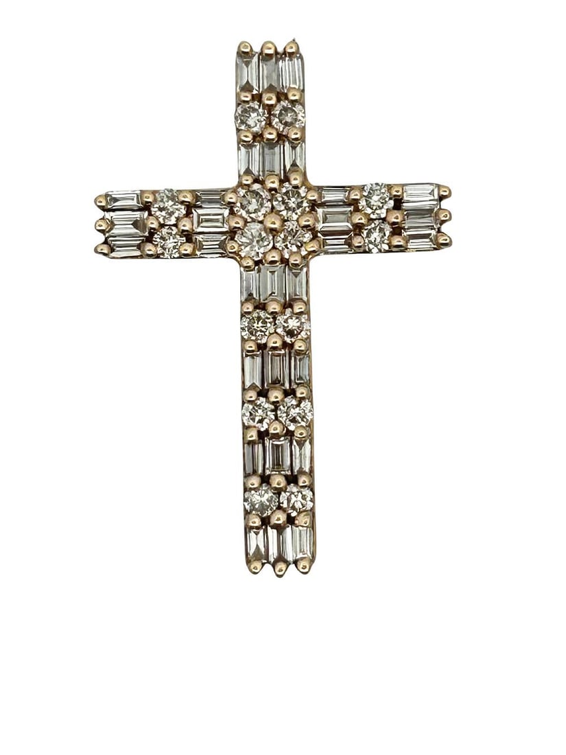 Diamond Cross Pendant: S/4.17-AYS This exquisite 14K yellow gold cross pendant is a beautiful and timeless piece. The entire surface of the cross is brilliantly paved with numerous round & baguette-cut