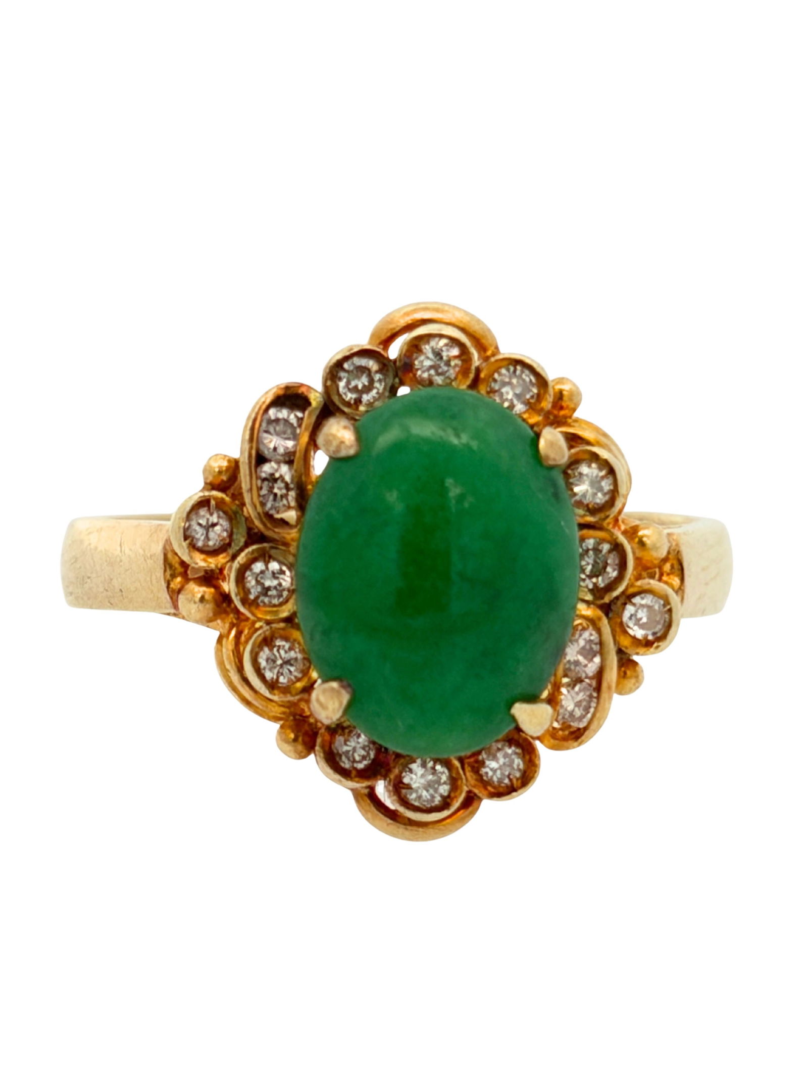 Ladies Jade & Diamond Ring: S/3.85-YSS A treasured find! This elegant ring features a smooth oval jadeite gem, surrounded by clusters of brilliant-cut diamonds. Crafted in polished 14K yellow gold. 