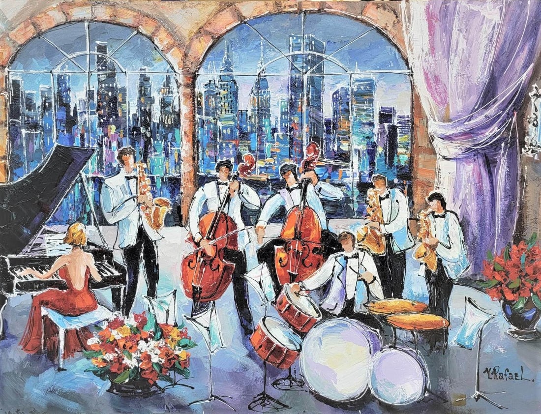 Yana Rafael Acrylic on Canvas Signed, Original: YR625/14-MOSS Title: NY Musik Artist Name: Yana Rafael Medium: Acrylic on Canvas Signature: Y Rafael, bottom right Image size: 30 x 40 inch Condition: Excellent Yana Rafael's