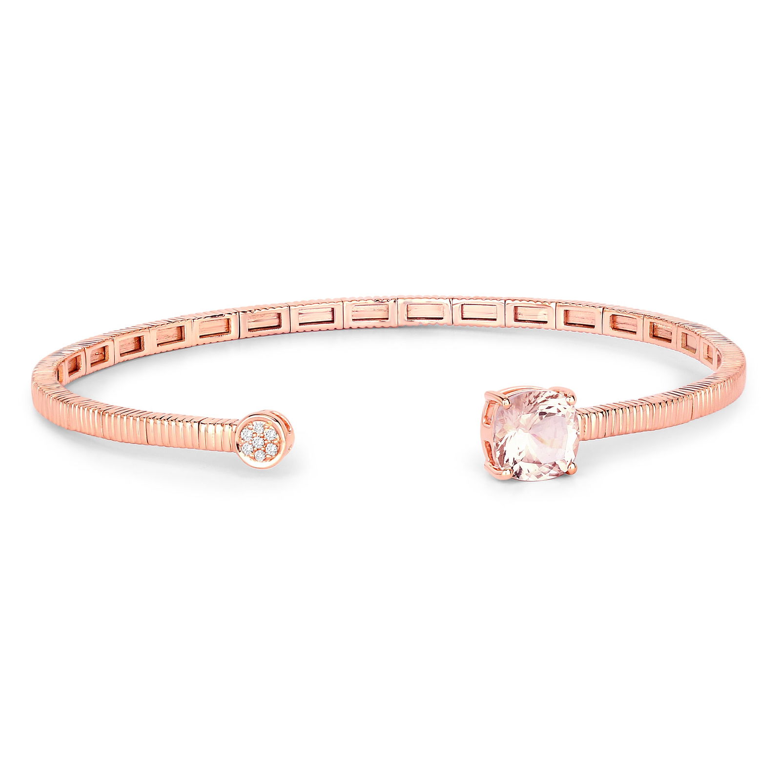 14K Morganite and Diamond Bangle Bracelet: QJ8423/120-MMSY This elegant bangle bracelet is a stunning fusion of modern minimalism and timeless romance. Crafted in 14K rose gold, it features an open bypass design adorned with a cushion-cut