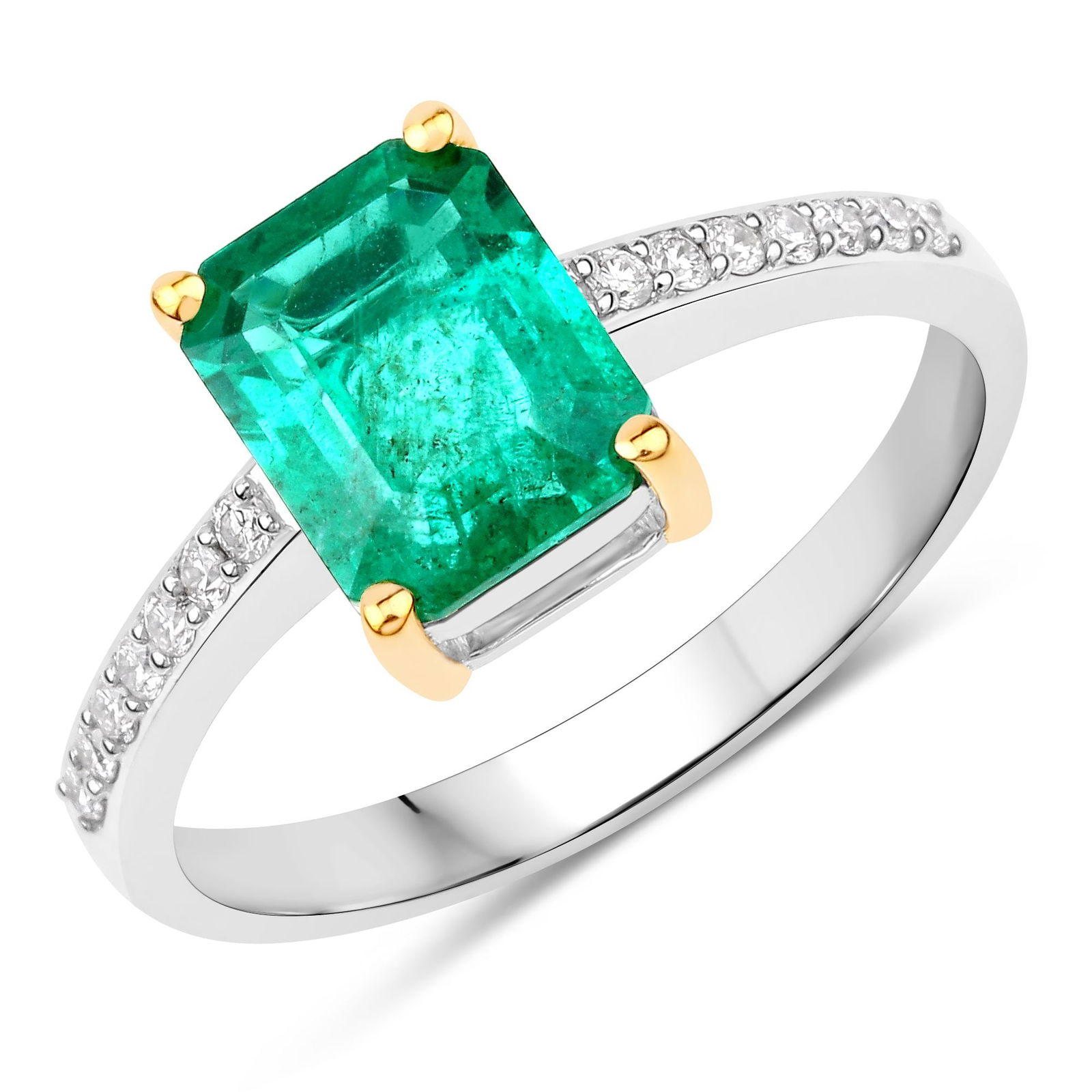 Certified Zambian Emerald & Diamond Ring: QJ8423/33-MOKL This exquisite ring showcases a vivid emerald-cut Zambian emerald, celebrated for its deep green hue and natural brilliance. The emerald is set in warm 14K yellow gold prongs,