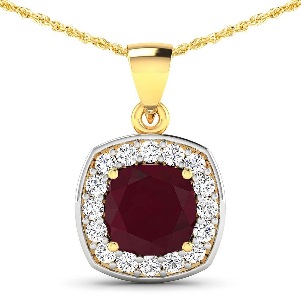 Ruby and Diamond Pendant: QJ8423/106-MOSL This elegant pendant features a richly saturated deep-red ruby at its center, cut into a rounded cushion shape that highlights the stoneâ€™s luxurious color and depth.