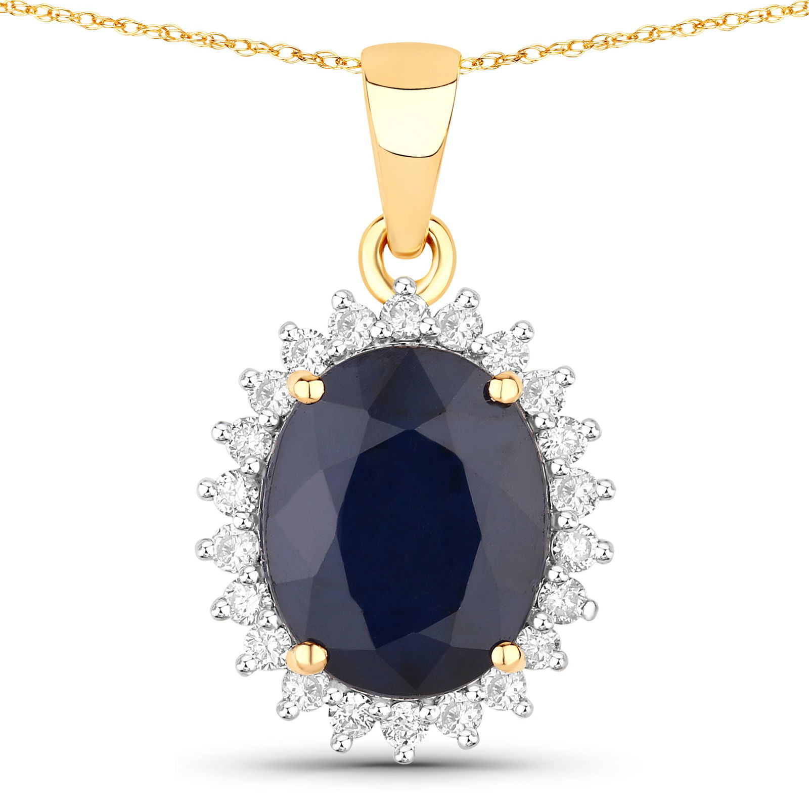 Oval Blue Sapphire & Diamond Halo Pendant: QJ8423/72-MONK This timeless pendant showcases a deep, midnight-blue oval sapphire at its centerâ€”a gemstone prized for its elegance, richness of color, and enduring sophistication.