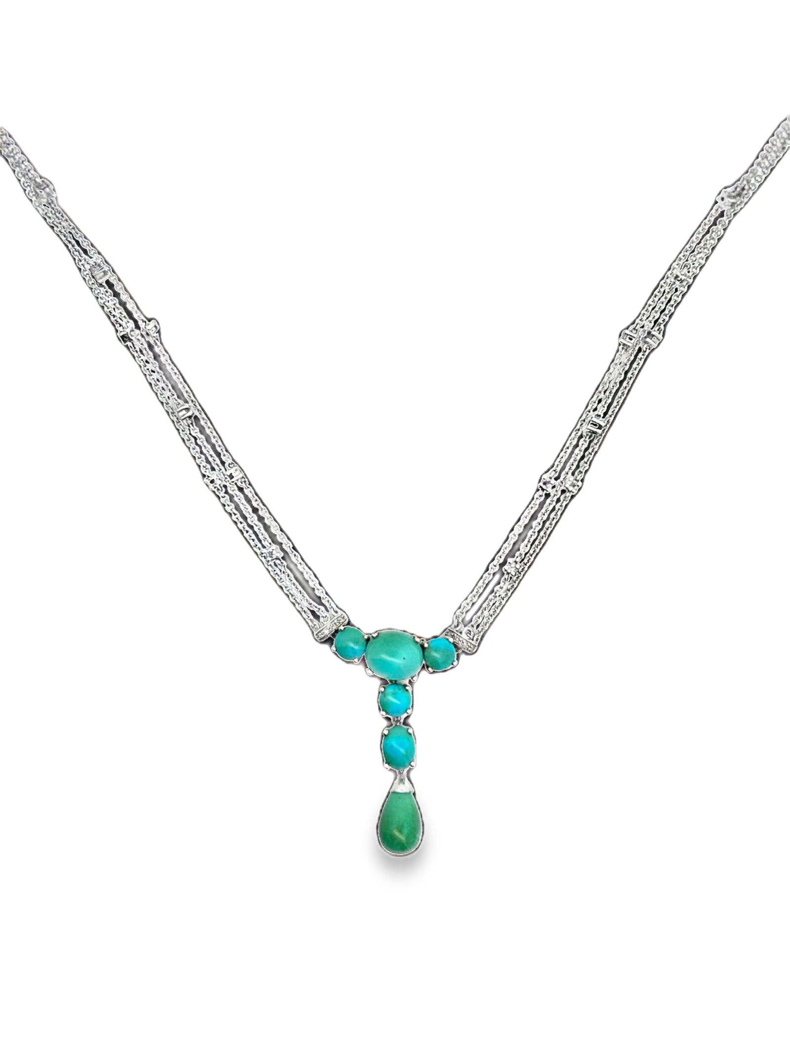 Turquoise, Diamond & Amethyst Necklace: ISL2293/2-MMSS This exquisite vintage-style necklace is crafted in white gold, featuring a delicate chain that splits into a decorative, textured V-shape leading to a striking drop pendant. The pendan