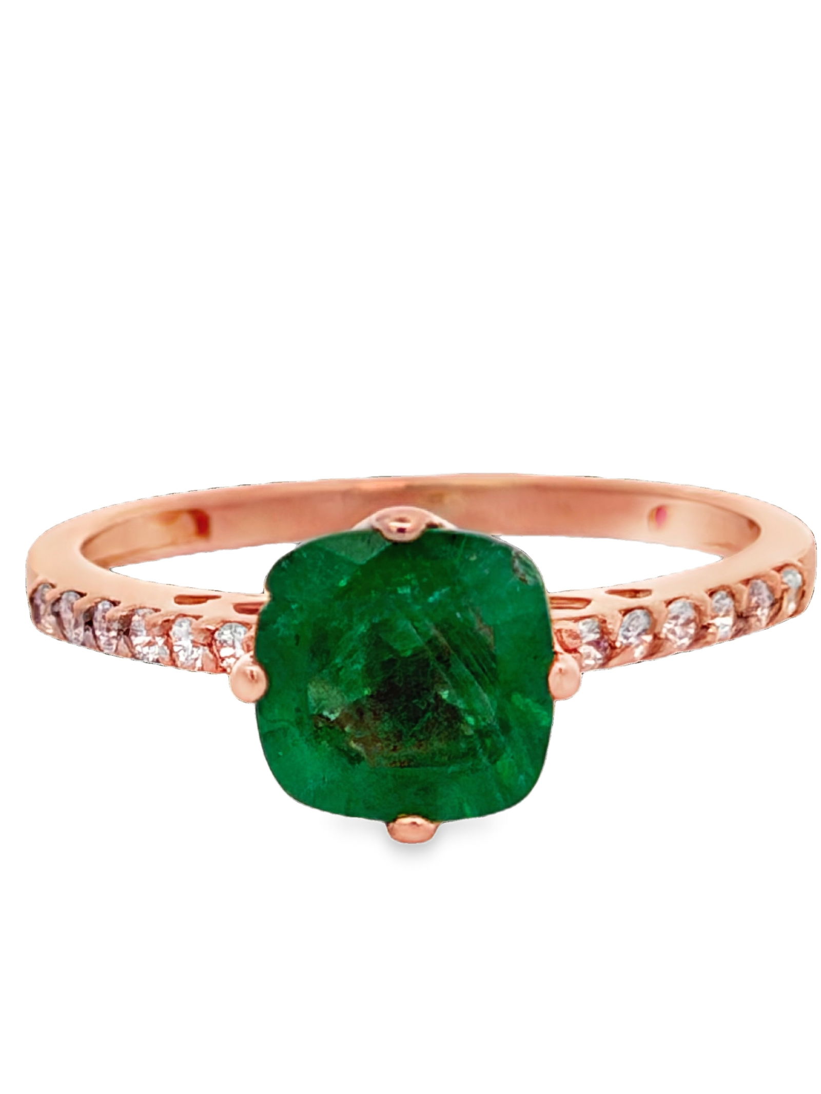 14K Colombian Emerald & Lab Diamond Ring: ISL2293/10-MMYS This extraordinary ring, crafted in warm 14-karat rose gold, showcases a vibrant, central, natural Colombian emerald, distinguished by its rich, green hue and secured by classic