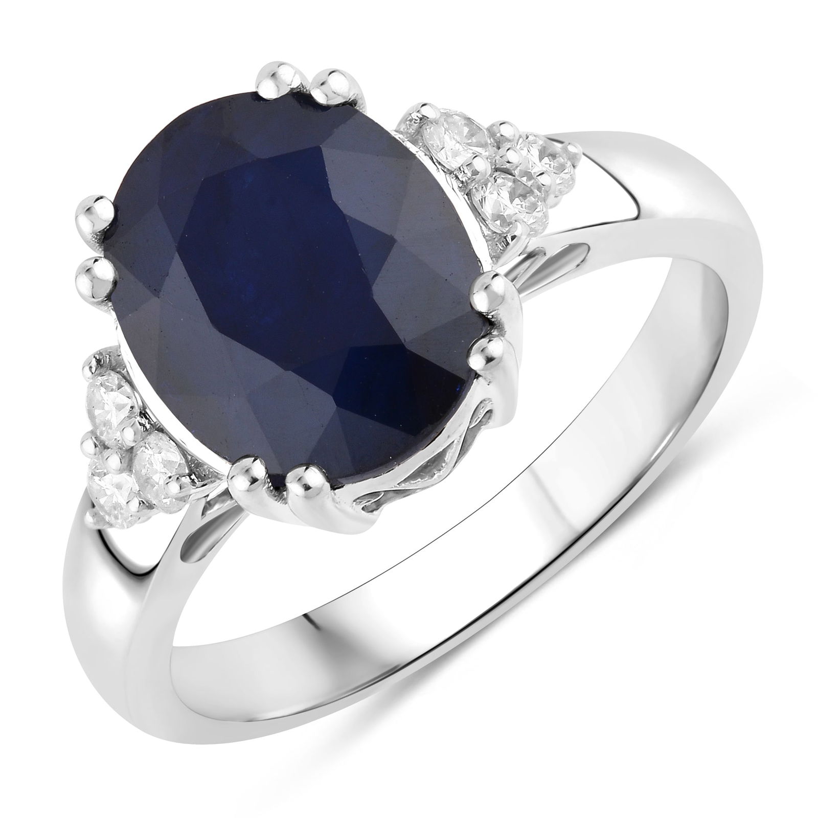 Blue Sapphire and Diamond Ring: QJ8423/6-MNAT Elegant and timeless, this exquisite ring features a rich oval-cut blue sapphire flanked by sparkling diamond accents on each side. Crafted in luminous 14K white gold, the