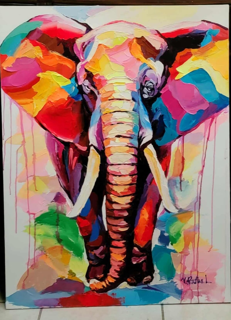Yana Rafael Acrylic on Canvas: YR1125/2-MNSS Description: Elephant Artist Name: Yana Rafael Medium: Acrylic on Canvas Signature: Y. Rafael, lower right Image size: 40 x 30 in 