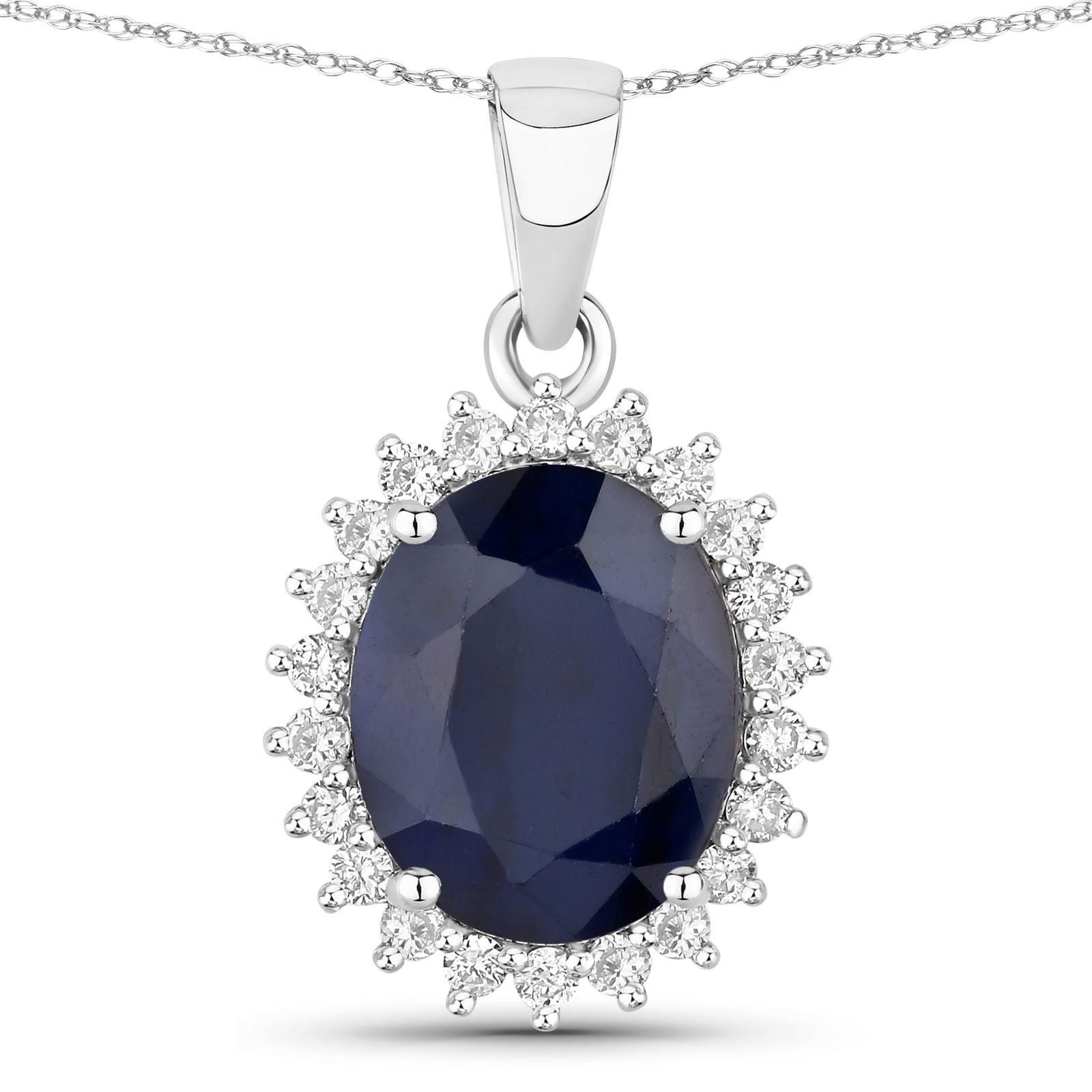 Oval Blue Sapphire & Diamond Halo Pendant: QJ8423/73-MOEN Elegant, timeless, and radiantly refinedâ€”this stunning pendant showcases a deep navy blue oval sapphire that immediately draws the eye with its rich, velvety color.